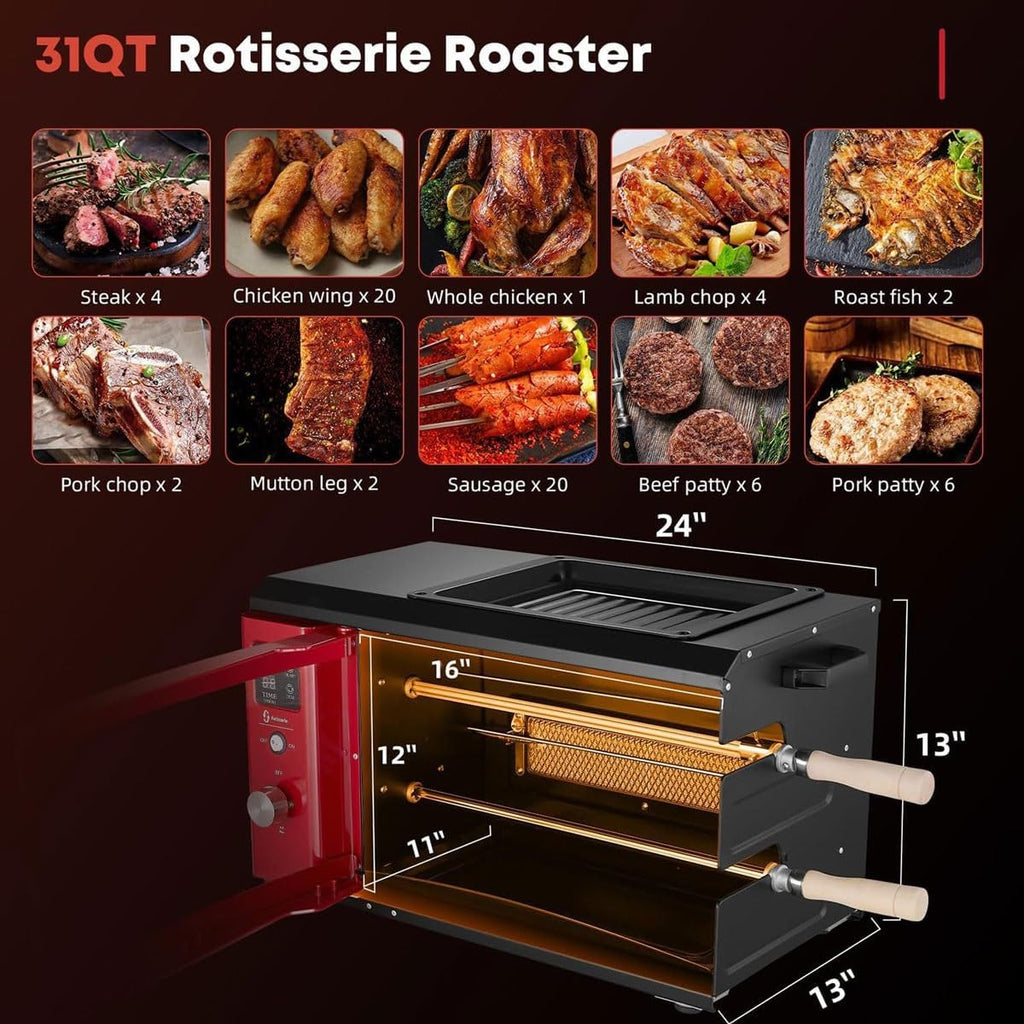Auto Rotating Kebab Skewer Machine, 2 Layer Rotating Propane Rotisserie Grill with Electric Griddle, Smokeless Electric Grill Doner Kebab Fish Skewer Machine for Brazilian BBQ, Chicken,Steak