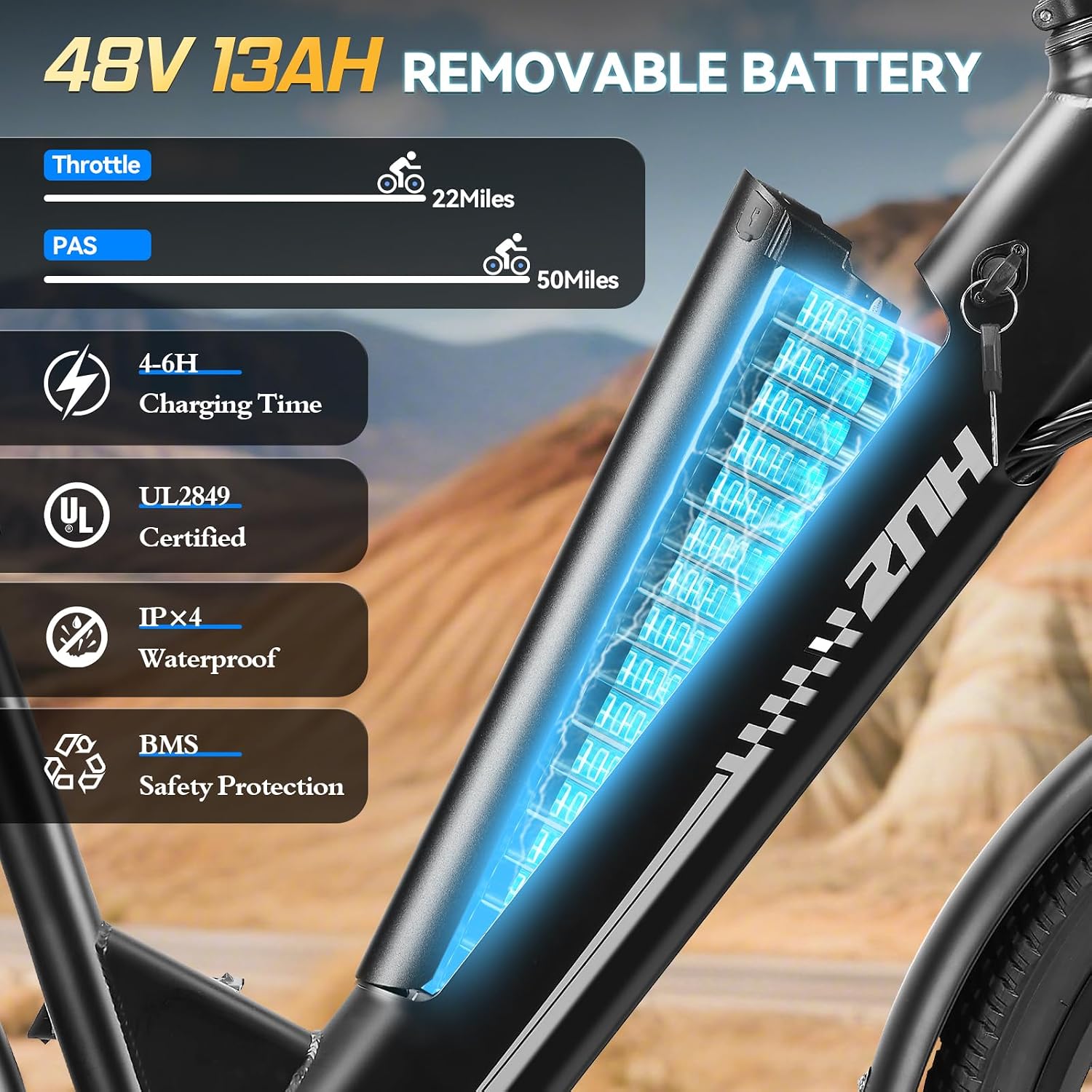 ZNH Electric Bike, 750W Peak Motor Electric Mountain Bike for Adults With 48V 13Ah Removable Battery, 20MPH 26'' Electric Bike, Suspension Fork, LED Display, Fat Tire Commuter EBike, Black (17S-Black)