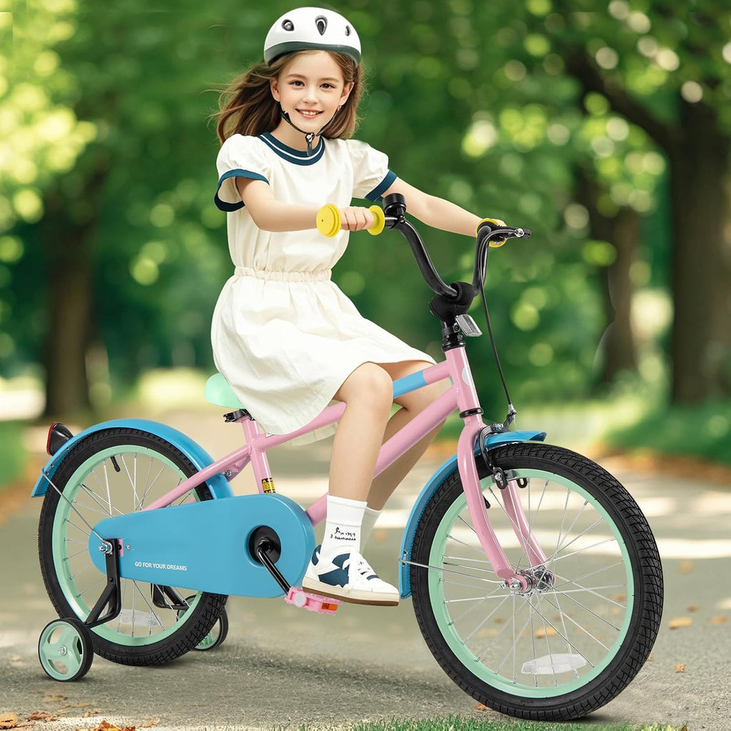 BABY JOY Colorful Macarons Kids Bike, 12 14 16 18 Inch Sporty Children's Bicycle with Training Wheels, Adjustable Handlebar & Saddle, Handbrake & Coaster Brake, Boys Girls Bike for 3-8 Years Old