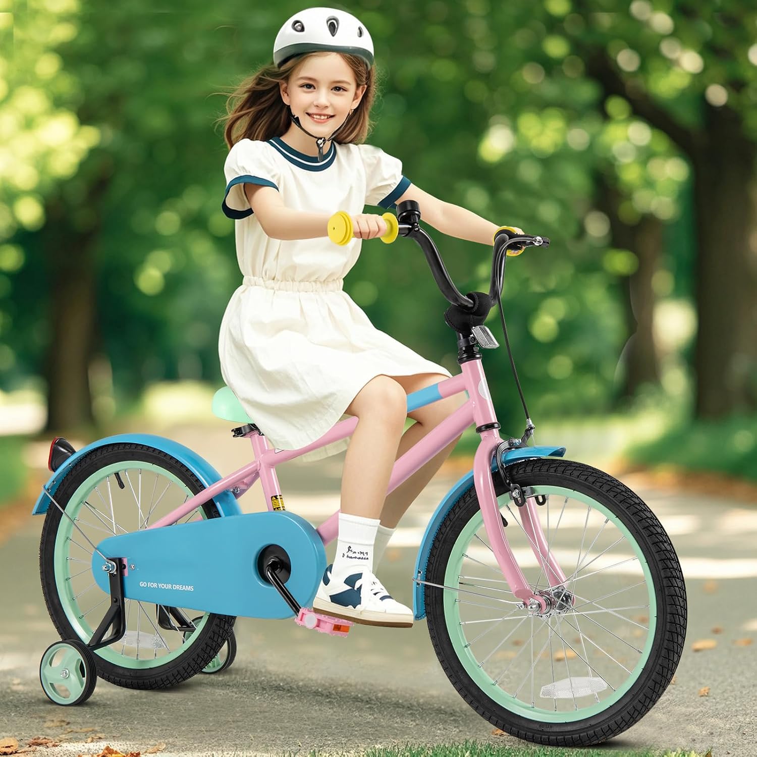 BABY JOY Colorful Macarons Kids Bike, 12 14 16 18 Inch Sporty Children's Bicycle with Training Wheels, Adjustable Handlebar & Saddle, Handbrake & Coaster Brake, Boys Girls Bike for 3-8 Years Old