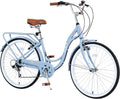 MEGHNA Beach Cruiser Bike Low Step - Through 24 inch/26 inch Bike Elegant Lady Bike V - Brake 7 Speed Cruiser Bike with Rear Rack Bell for Girls Women Senior, Multi-Colors