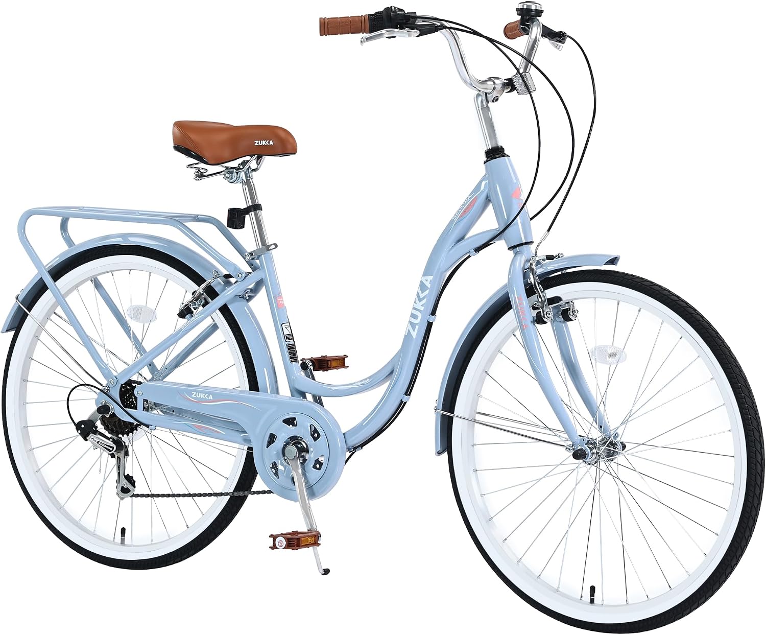 MEGHNA Beach Cruiser Bike Low Step - Through 24 inch/26 inch Bike Elegant Lady Bike V - Brake 7 Speed Cruiser Bike with Rear Rack Bell for Girls Women Senior, Multi-Colors