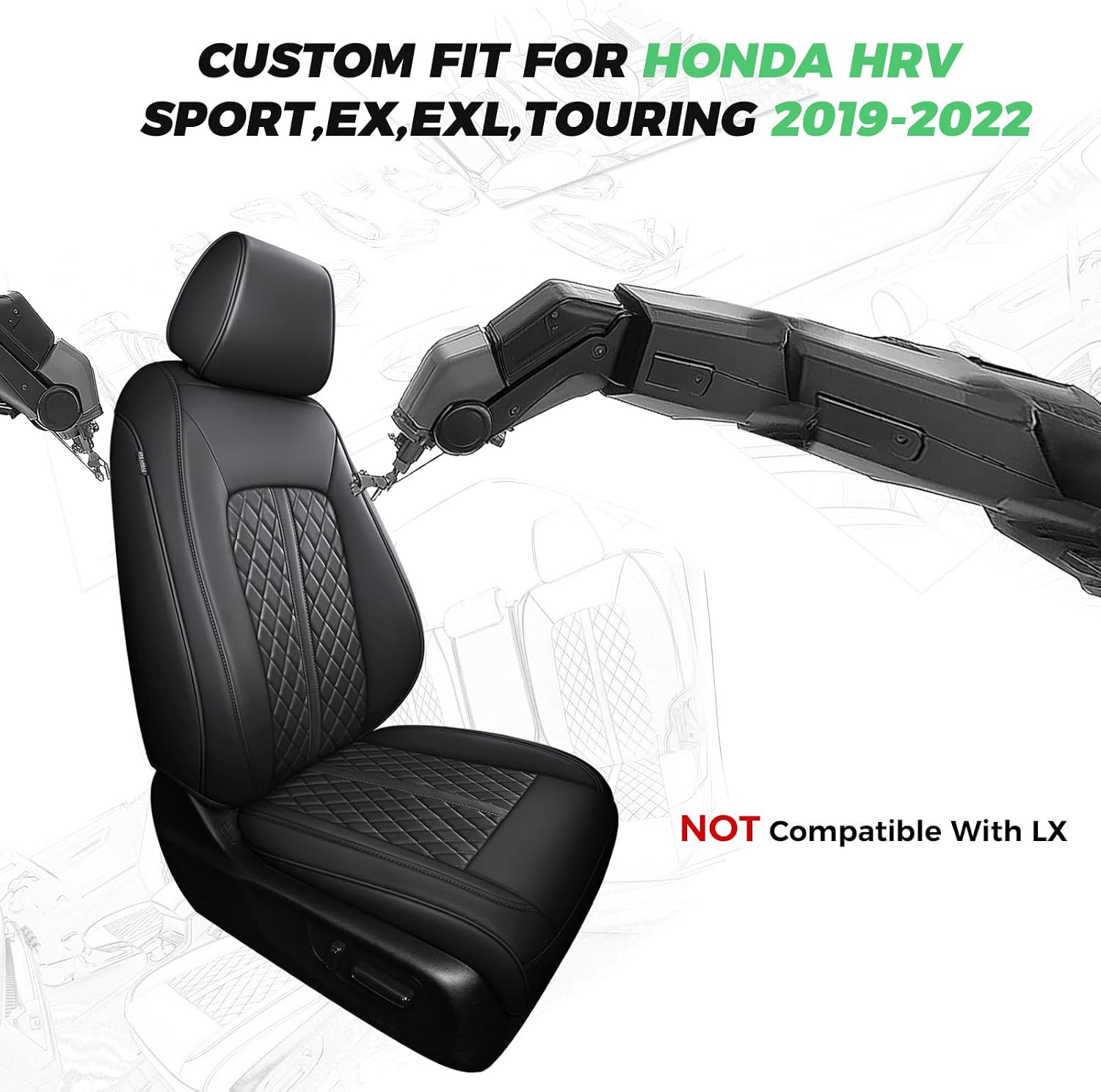 for Honda HRV Seat Covers 2019 2020 2021 2022 Sport EX EXL Touring, Custom Fit Car Seat Cover Full Set, Luxury Leather HR-V Seat Protector, Waterproof SUV Interior Cushions Accessories, Black