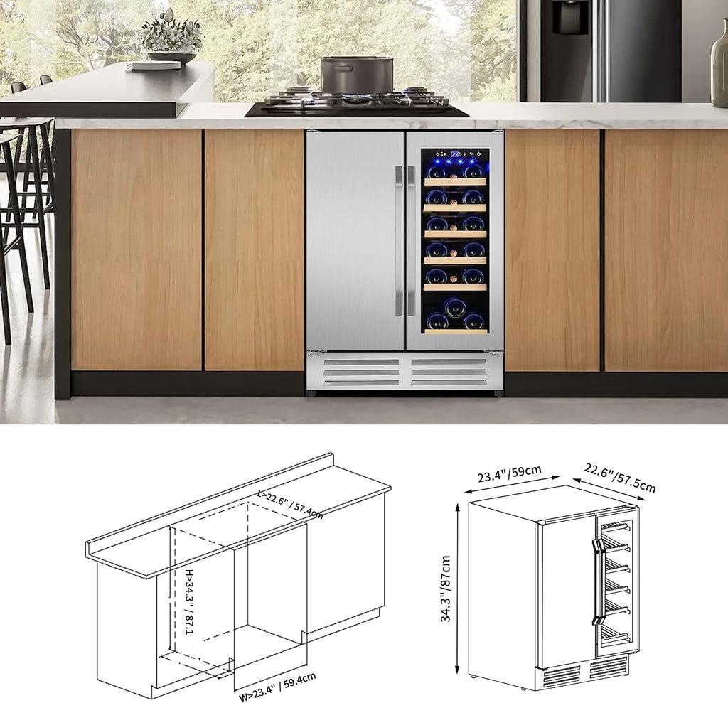 24 Inch Wine and Beverage Refrigerator, Dual Zone Wine Beverage Cooler, Built-in/Freestanding Beer and Wine Fridge with a Powerful Compressor, 20 Bottles and 88 Cans Capacity