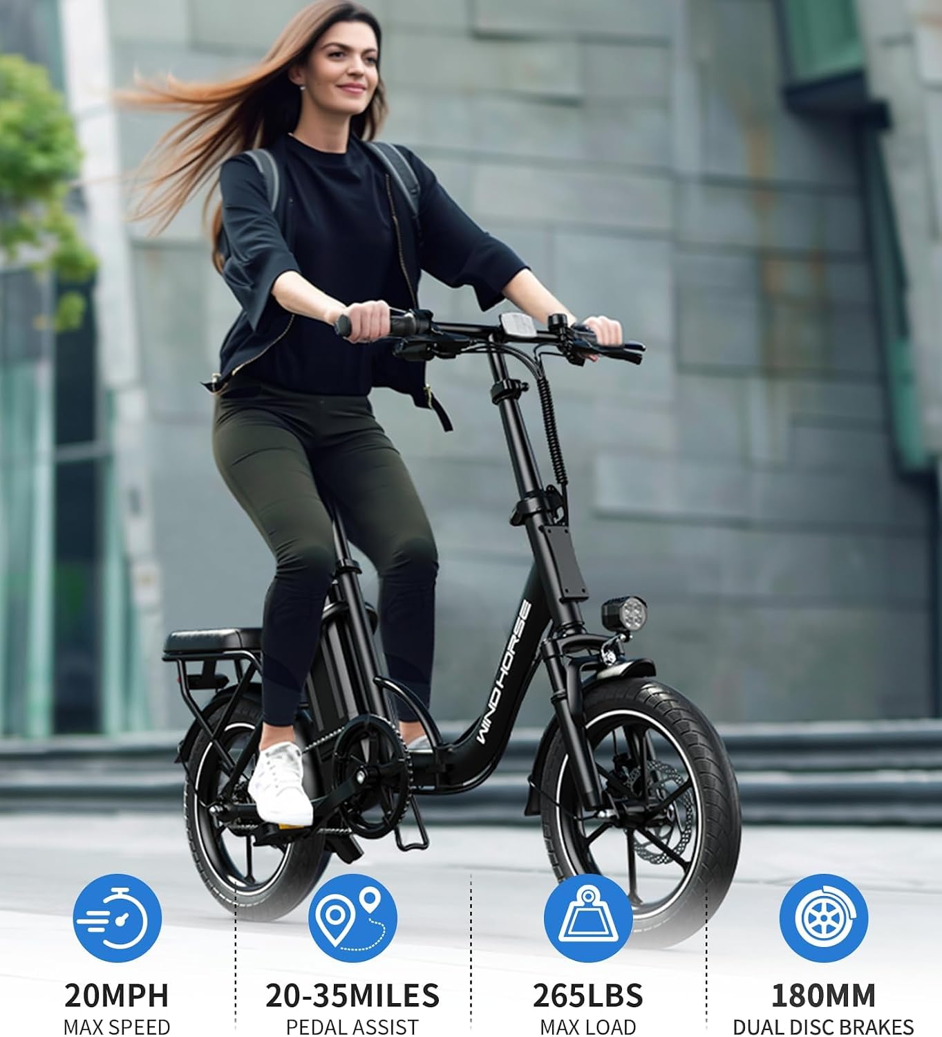 WINDHORSE 16' Folding Electric Bike for Adults, 630W Peak Motor, 20MPH, 19–35 Miles Pedal Assist Range, LCD Display, Dual Disc Brakes, Removable Battery
