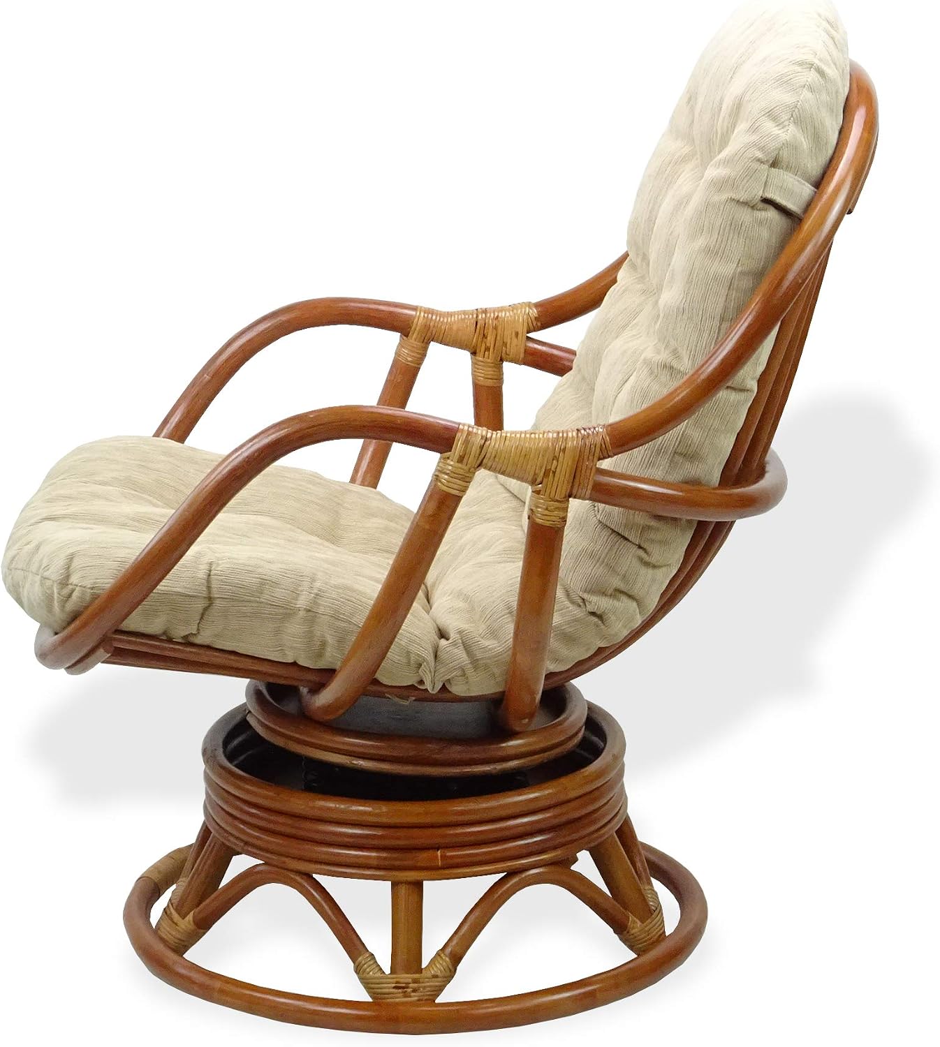 Bali Lounge Swivel Rocking Chair with Cream Cushion Natural Rattan Wicker Handmade, Colonial