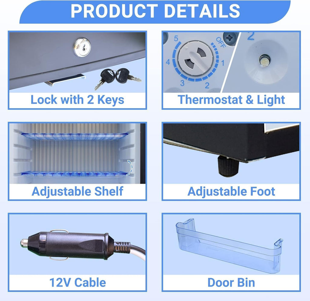 SMETA RV Refrigerator Lockable 12V/110V, 1.8 Cu.ft Semi Truck Mini Fridge with Lock For Outdoor Camping Traval Bedroom Office Van, No Noise