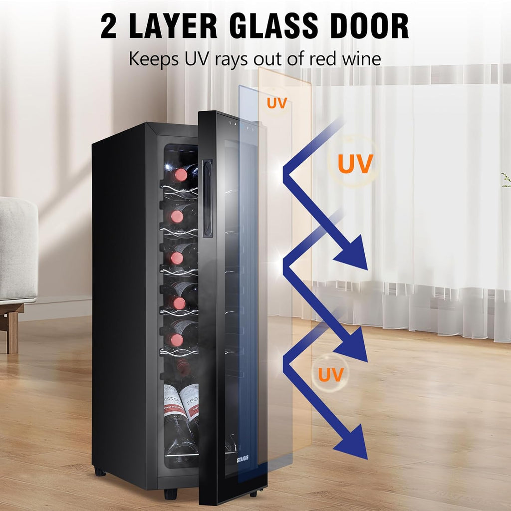 12 Bottle Wine Cooler, Mini Fridge for Red and White, Small Freestanding Refrigerator with 40-66F Digital Temperature Control Glass Door