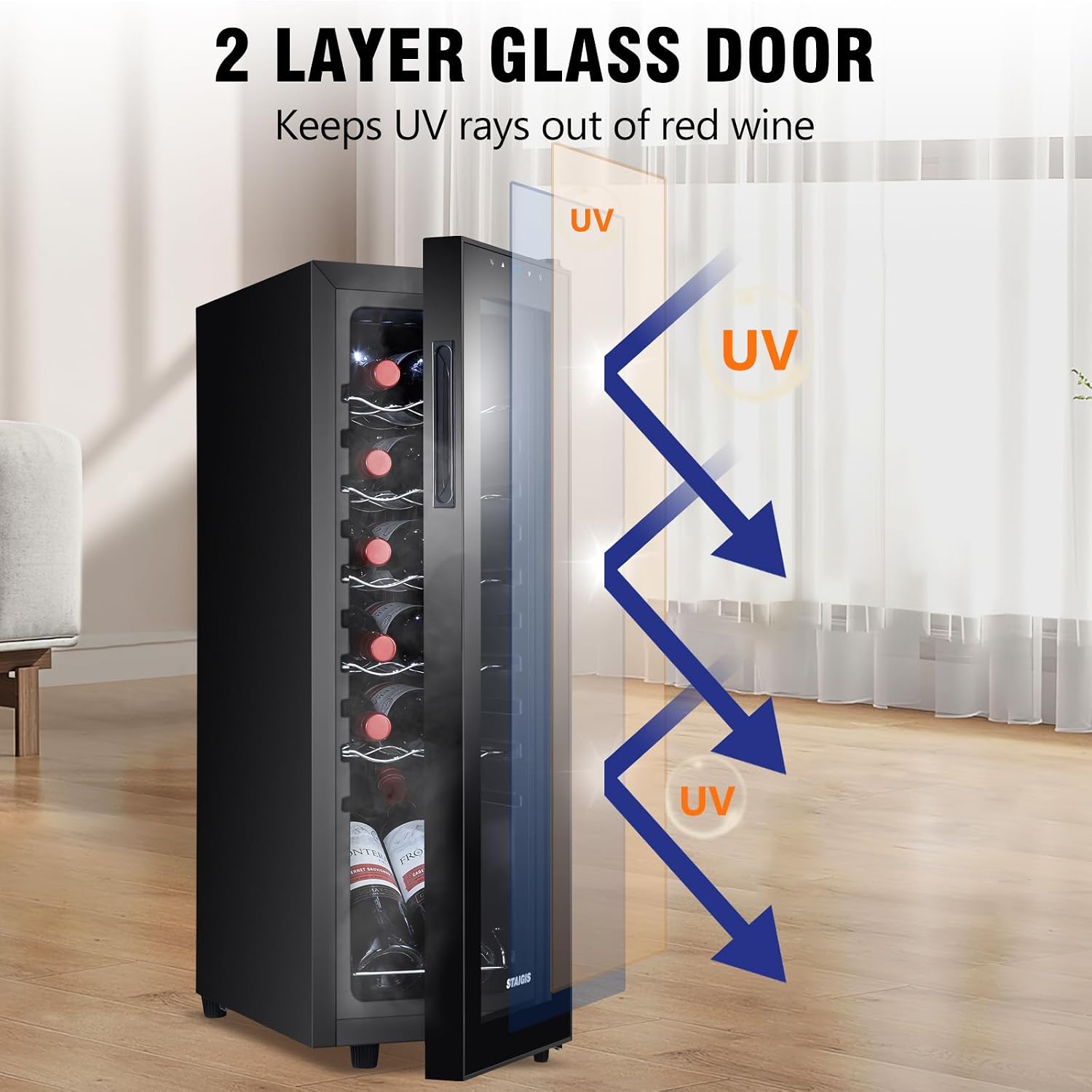 12 Bottle Wine Cooler, Mini Fridge for Red and White, Small Freestanding Refrigerator with 40-66F Digital Temperature Control Glass Door