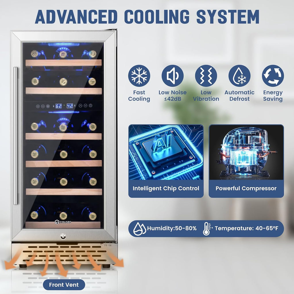 15 Inch Wine Cooler Refrigerator Under Counter, 28 Bottle Dual Zone Wine Fridge, Stainless Steel Built-in/Freestanding Wine Cooler, 40-65°F Tempered Glass Door/Temperature Memory Fit Red & White Wine