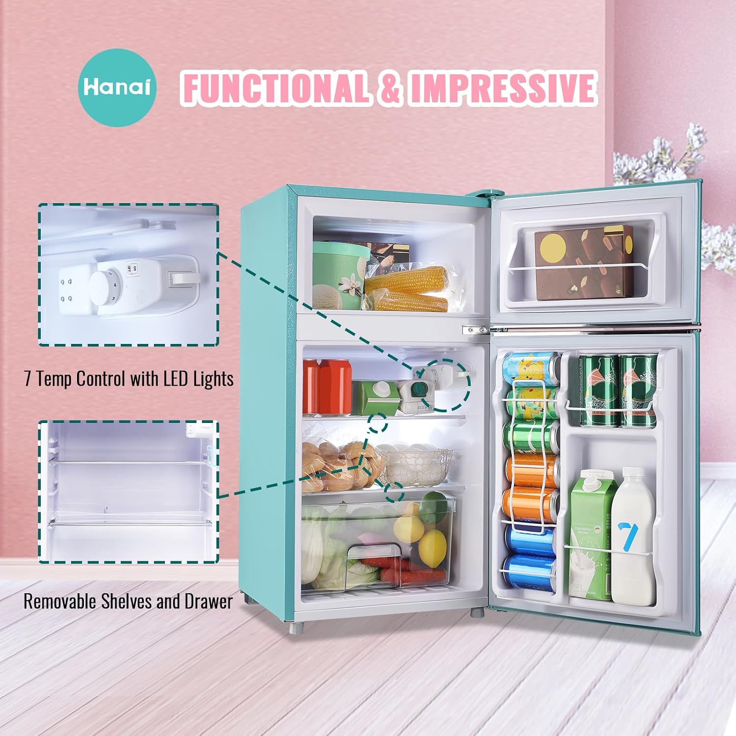 WANAI 3.5 Cu.ft Refrigerators Full-sized Fridge with Freezer Handles Blue Fridge Dual Door Classic Retro Refrigerator Removable Glass Shelves Adjustable Thermostat for Home Office Dorm RV
