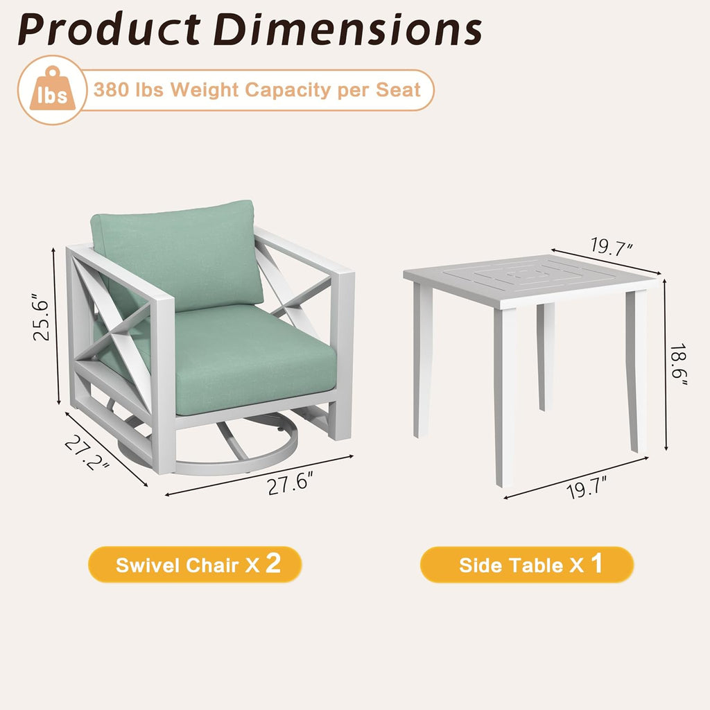 3 Piece Patio Outdoor Aluminum Swivel Rocking Chair with Coffee Table and 6' Thickened Cushions, All Weather Outdoor Furniture Chairs for Garden, Poolside, Deck-White