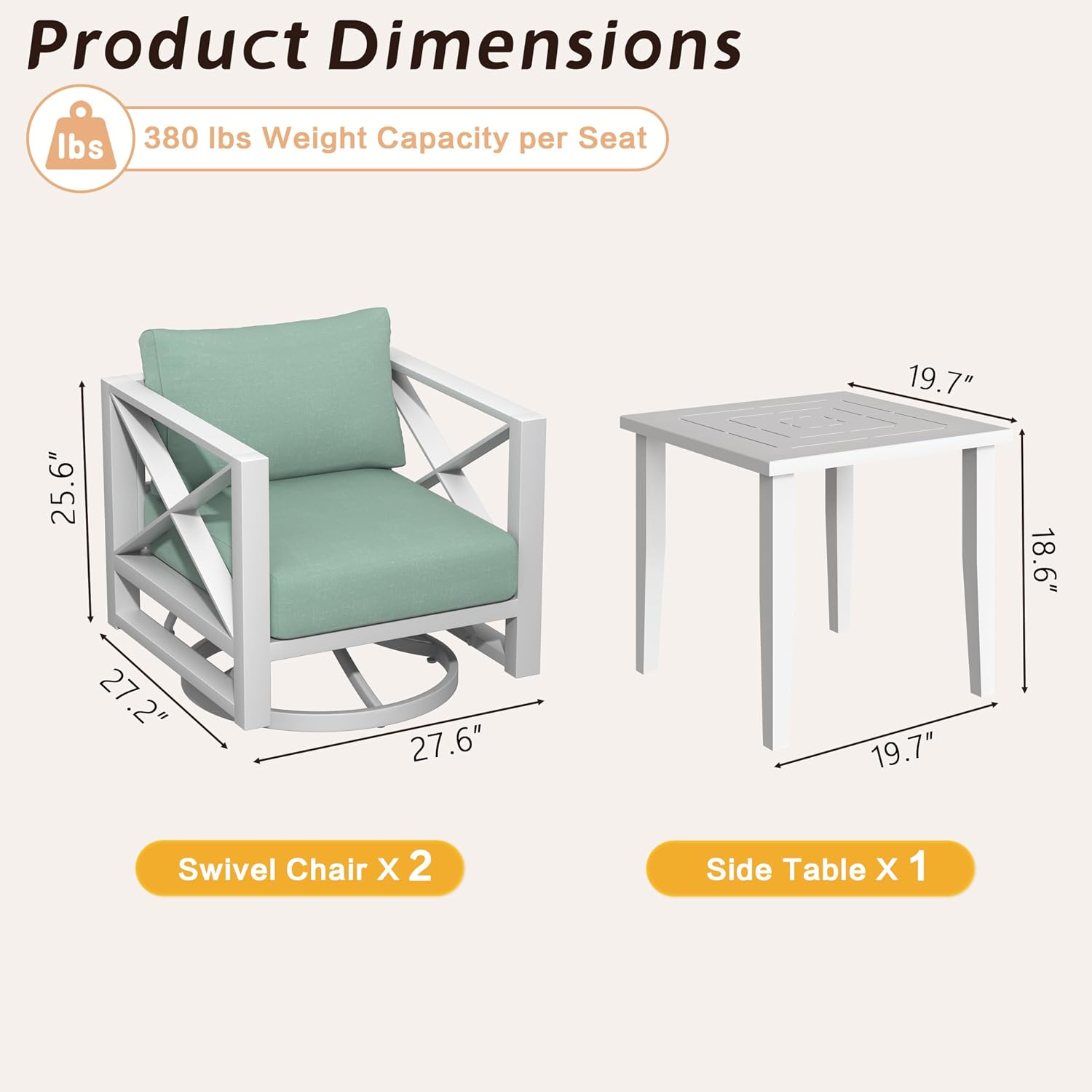 3 Piece Patio Outdoor Aluminum Swivel Rocking Chair with Coffee Table and 6' Thickened Cushions, All Weather Outdoor Furniture Chairs for Garden, Poolside, Deck-White