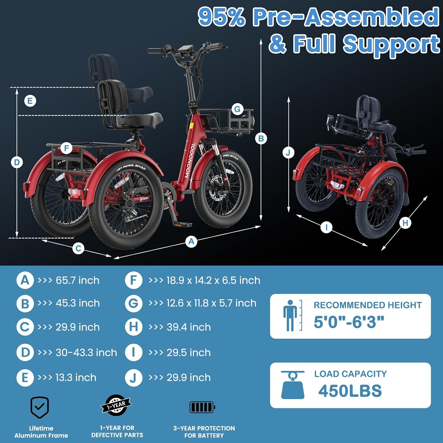 MOONCOOL Electric Trike for Adults, 500W/750W 48V Electric Tricycle for Adults, 20'x3.0' Fat Tire 3 Wheel Electric Bike, Folding Aluminum Adult Tricycle with Removable Battery