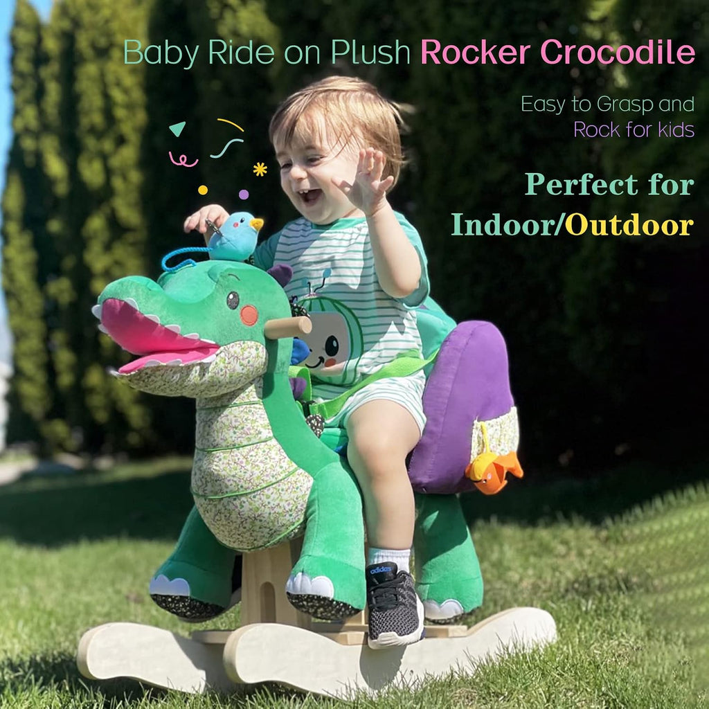 labebe Child Rocking Horse Toy, Stuffed Animal Rocking Horse, Green Crocodile Plush Rocker Toy for Kid 6 Month -3 Years, Wooden Rocking Horse Chair/Rocker/Animal Ride on