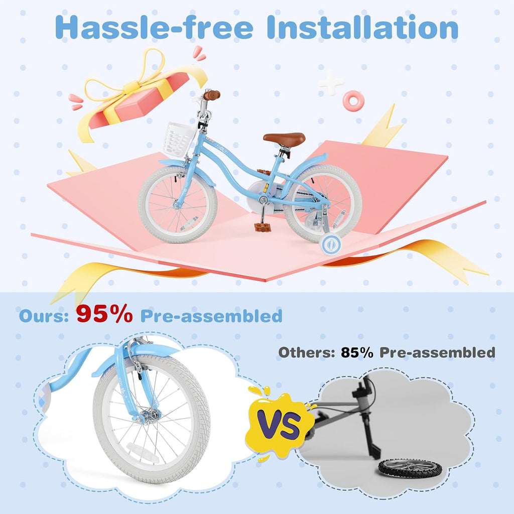BABY JOY Kids Bike, 12 14 16 18 20 Inch Boys Girls Bike w/Adjustable Seat, Removable Basket, Handbrake & Coaster Brake, Training Wheels or Kickstand, Kids Bicycle with Multi-Color