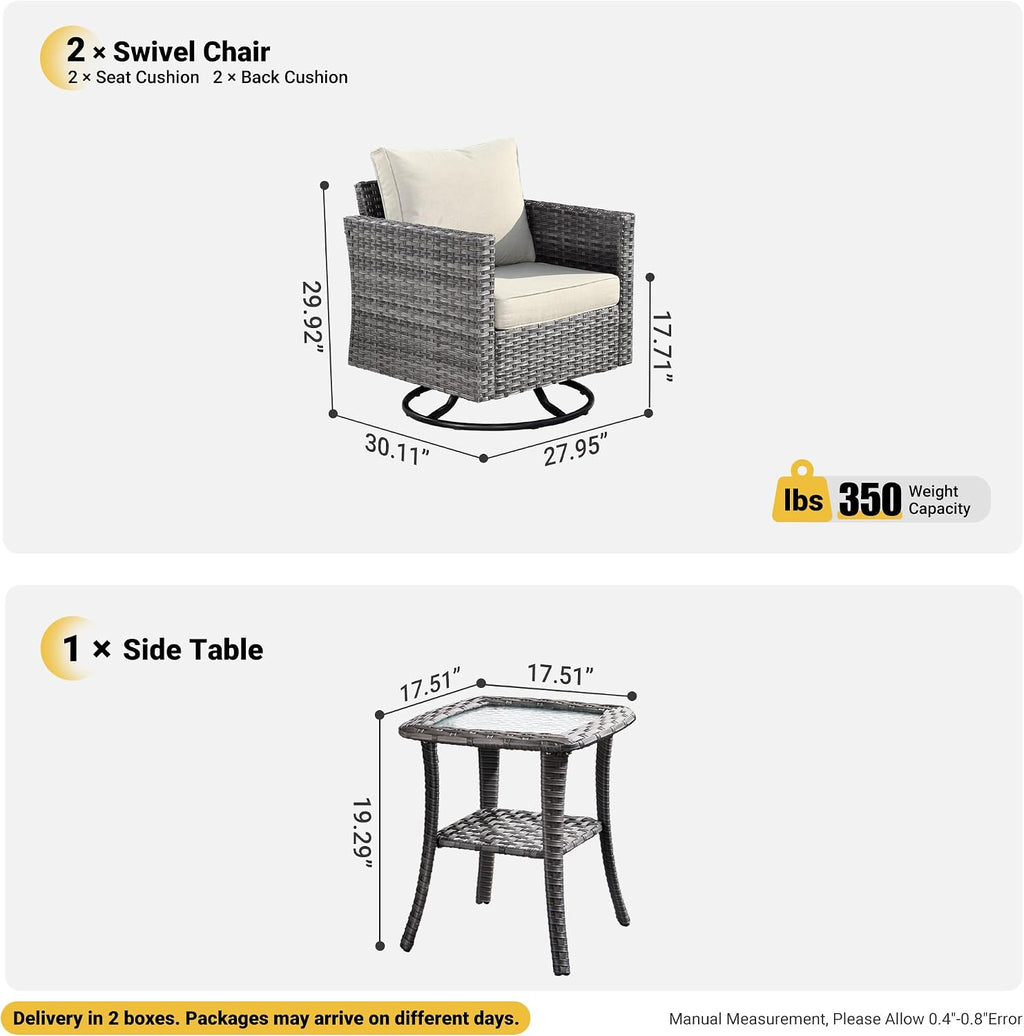ovios 3 Pieces Patio Swivel Chairs with Side Table, Outdoor Wicker Rocking Chairs of 2 with Comfy Cushions, Rattan Glider Rocker Bistro Set for Porch Deck, Beige