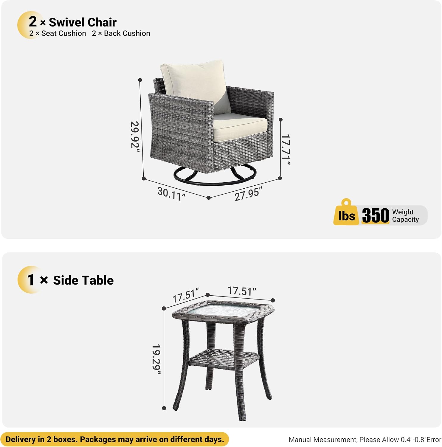 ovios 3 Pieces Patio Swivel Chairs with Side Table, Outdoor Wicker Rocking Chairs of 2 with Comfy Cushions, Rattan Glider Rocker Bistro Set for Porch Deck, Beige