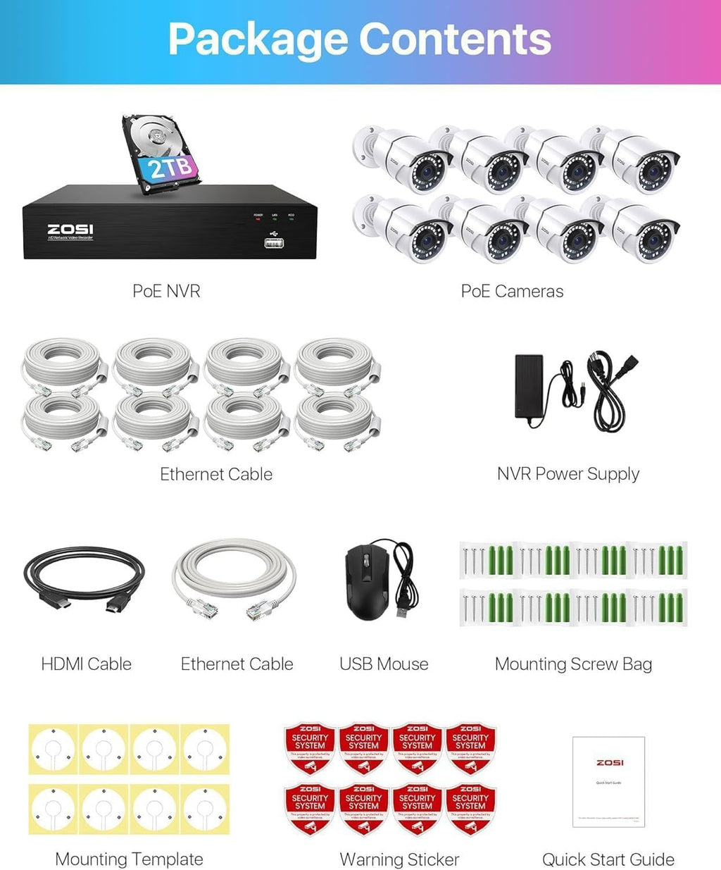 ZOSI 8CH 4K PoE Home Security Camera System with 2TB HDD,8pcs 5MP Weatherproof Outdoor Indoor IP Cameras,Night Vision,Motion Detection,Remote Access,8MP 8 Ports 16CH NVR Recorder for 24/7 Recording