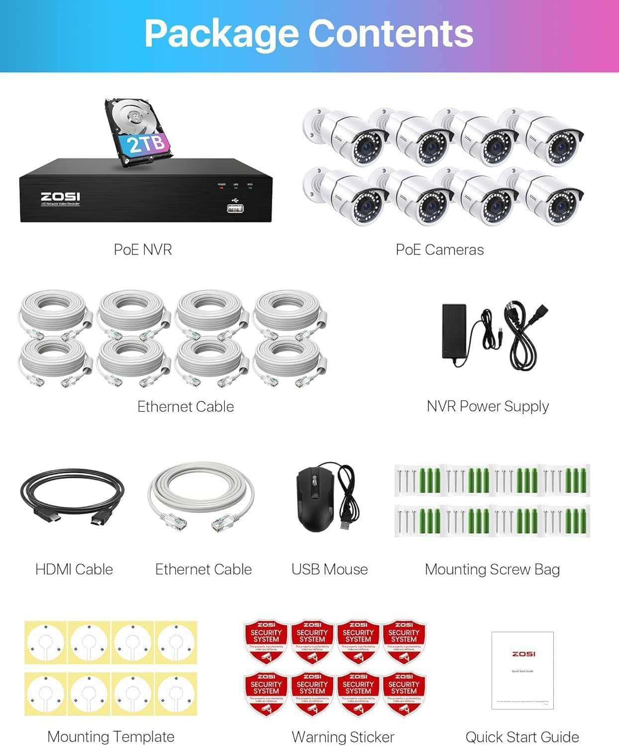 ZOSI 8CH 4K PoE Home Security Camera System with 2TB HDD,8pcs 5MP Weatherproof Outdoor Indoor IP Cameras,Night Vision,Motion Detection,Remote Access,8MP 8 Ports 16CH NVR Recorder for 24/7 Recording
