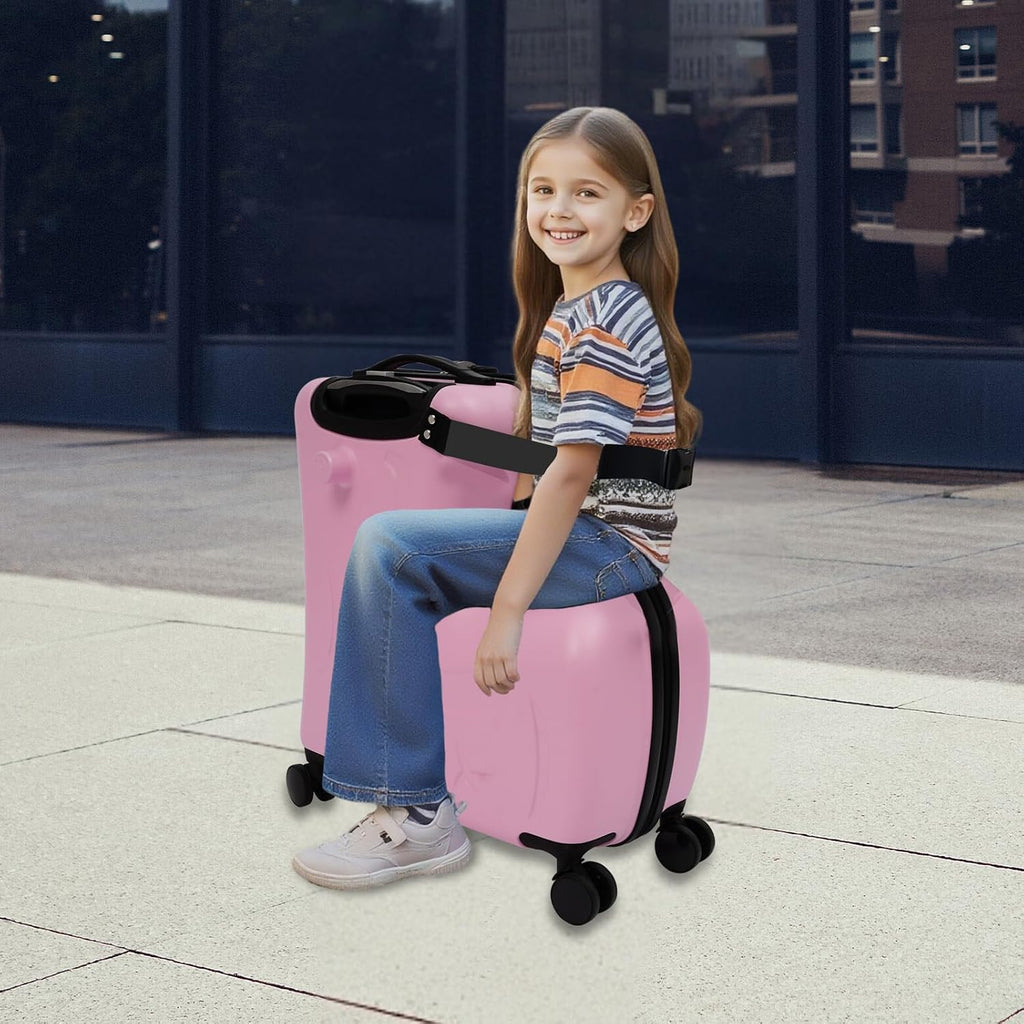 20 inch Ridable Double-Wheel Pink Trolley Luggage Case, Ride on Suitcase with Spinner Wheels Seat & Safety Belt, Hardside Rolling Luggage for Travel
