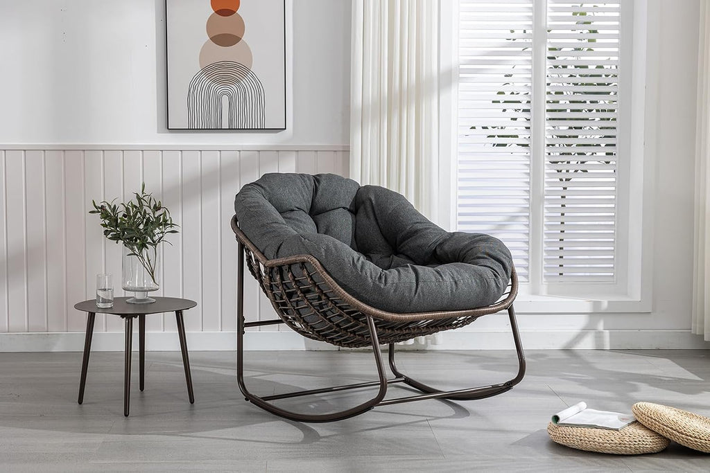 Deolme Large Papasan Rocking Chair with Cushion, Oversized Comfy Reading Chair Lounging Indoor Outdoor Rocker for Front Porch Backyard Bedroom Living Room Egg Chair Rattan (Dark Grey)