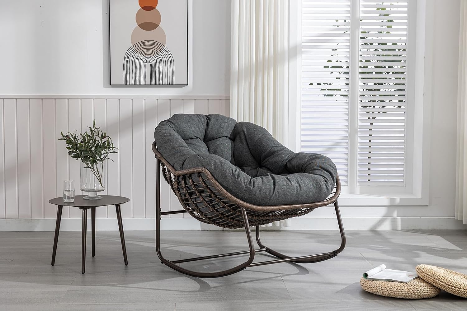 Deolme Large Papasan Rocking Chair with Cushion, Oversized Comfy Reading Chair Lounging Indoor Outdoor Rocker for Front Porch Backyard Bedroom Living Room Egg Chair Rattan (Dark Grey)
