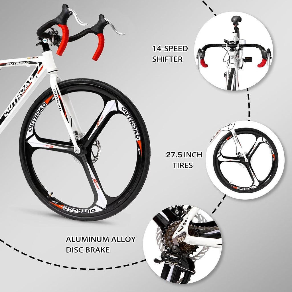 700C Wheel 21/14 Speed Road Bike with Light Weight Aluminum Alloy Frame, Commuter Bicycle with Dual Disc Brakes for Men and Women, Adult Faster Racing Bike, Red/Blue