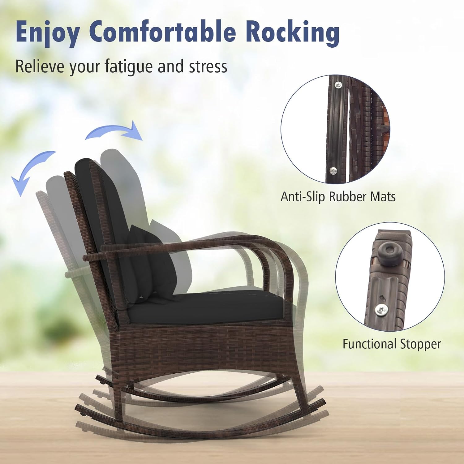 Tangkula 3 Pieces Rocking Bistro Set, Patiojoy Outdoor PE Rattan Rocker Chairs with Removable Cushions & Tempered Glass Top Coffee Table, Outdoor Wicker Furniture Set for Porch, Garden (Black)