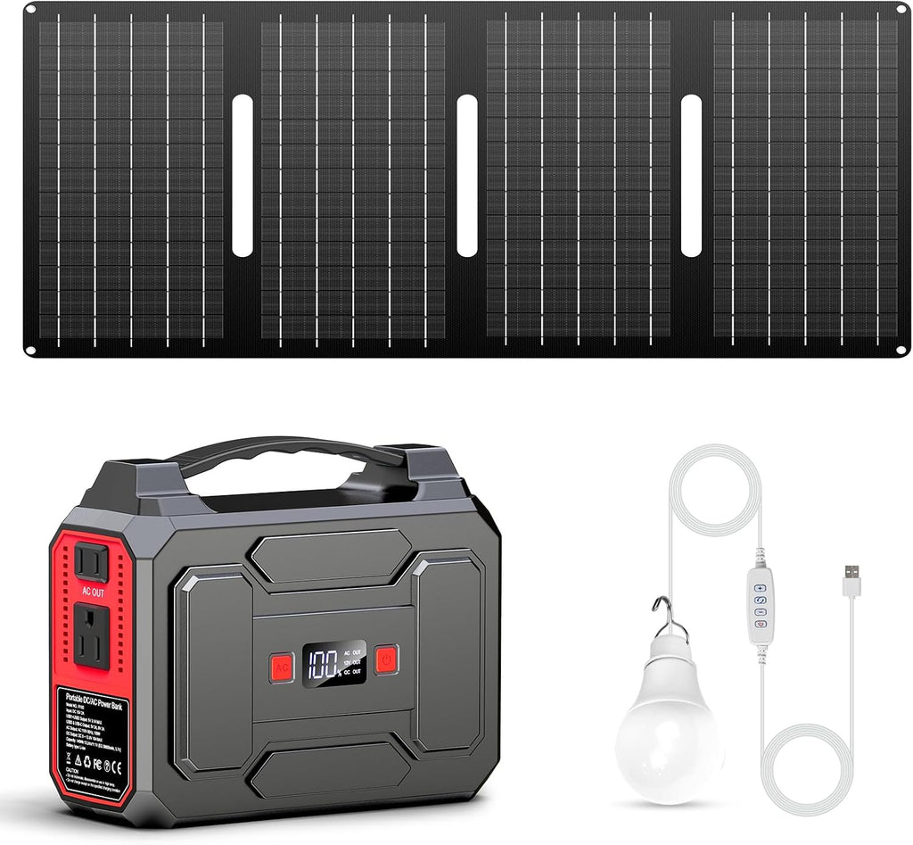 Solar Powered Generator 100W, Portable Solar Generator Power Station with Solar Panels 40W Included and 5 Watts USB Led Light Bulb