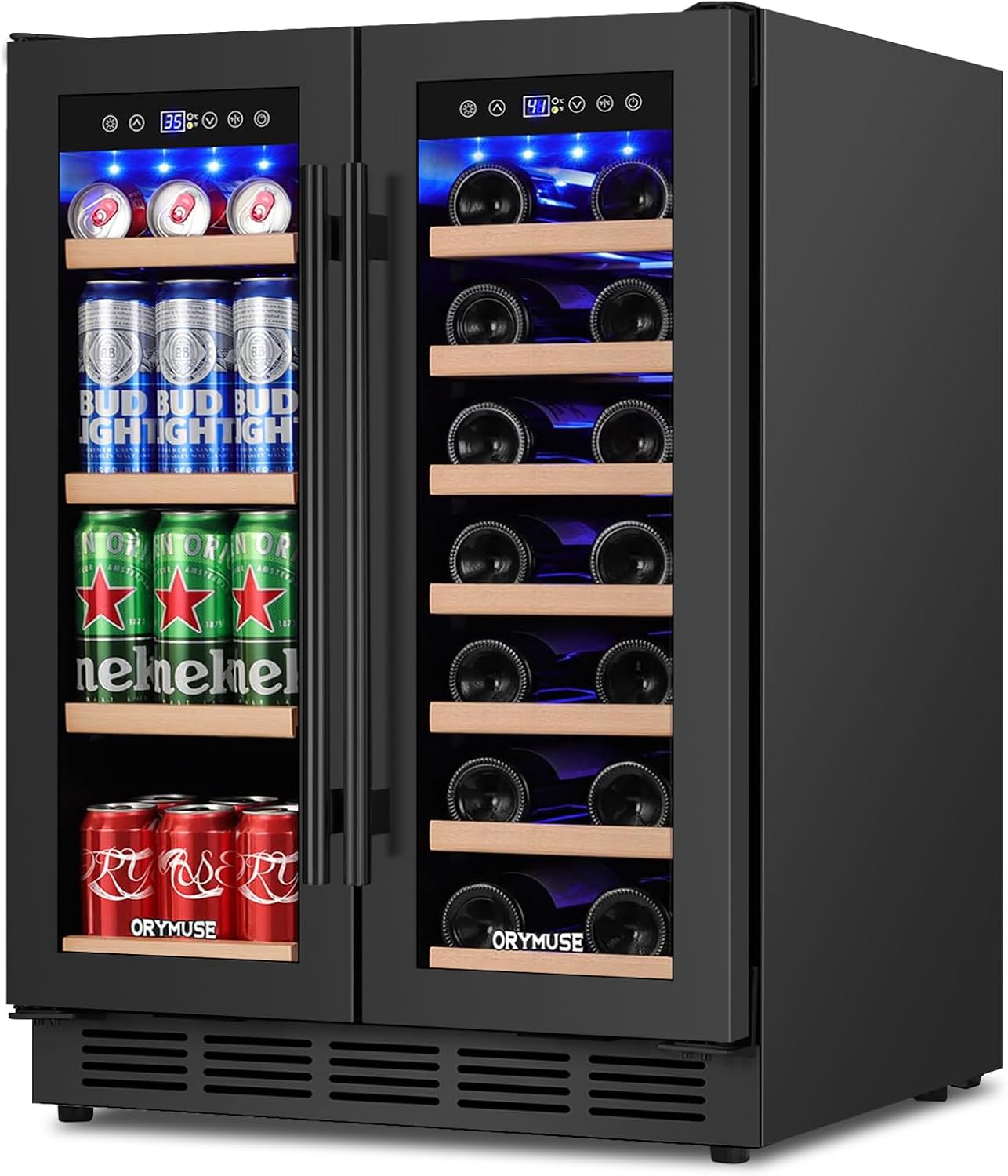 24' Dual Zone Wine & Beverage Refrigerator – Under Counter Cooler with Upgraded Cooling & Blue LED Light, Hold 20 Bottles and 88 Cans Large Capacity Wine Fridge, Built-In or Freestanding – Black