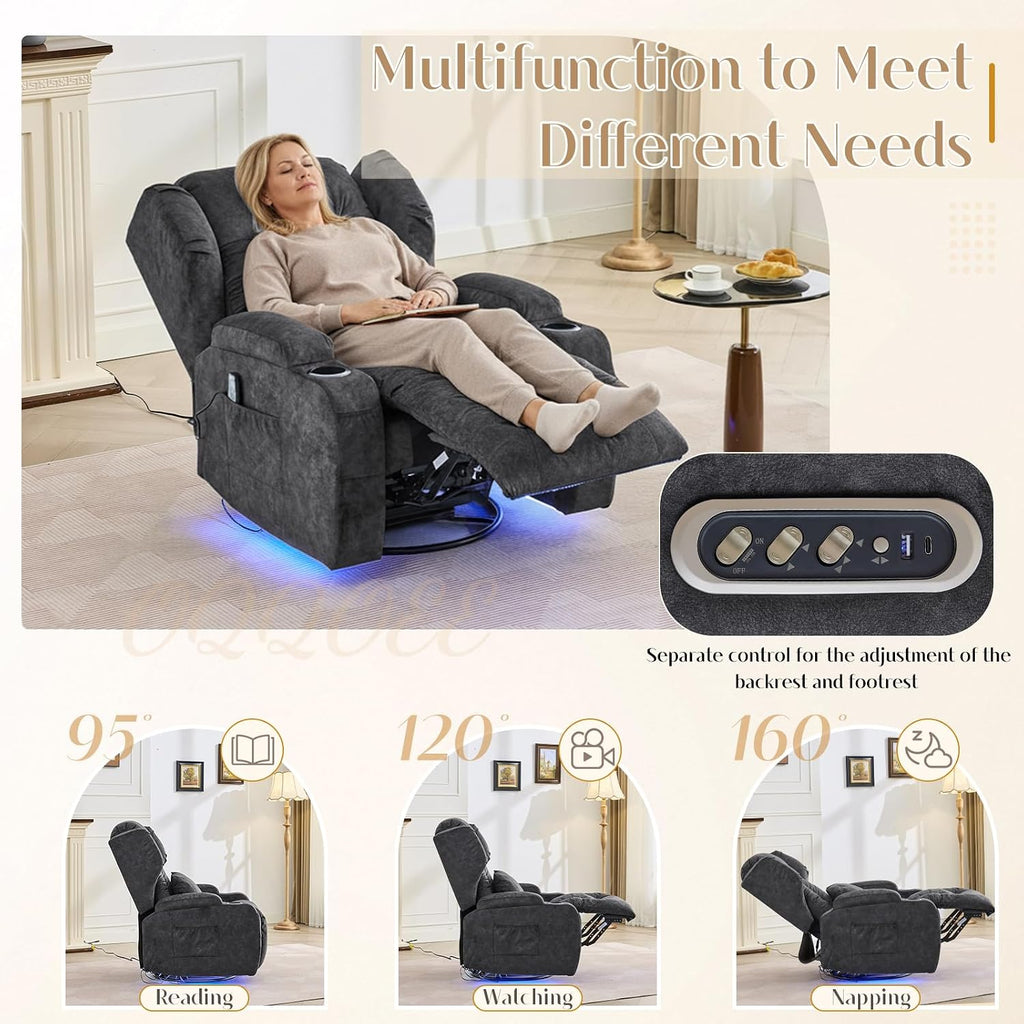 Power Swivel Rocker Recliner Chair with Massage & Heat, Dual Motor Electric Glider Rocking Recliner with USB Ports, Cup Holders & LED Light for Living Room, Home Theater (Grey)