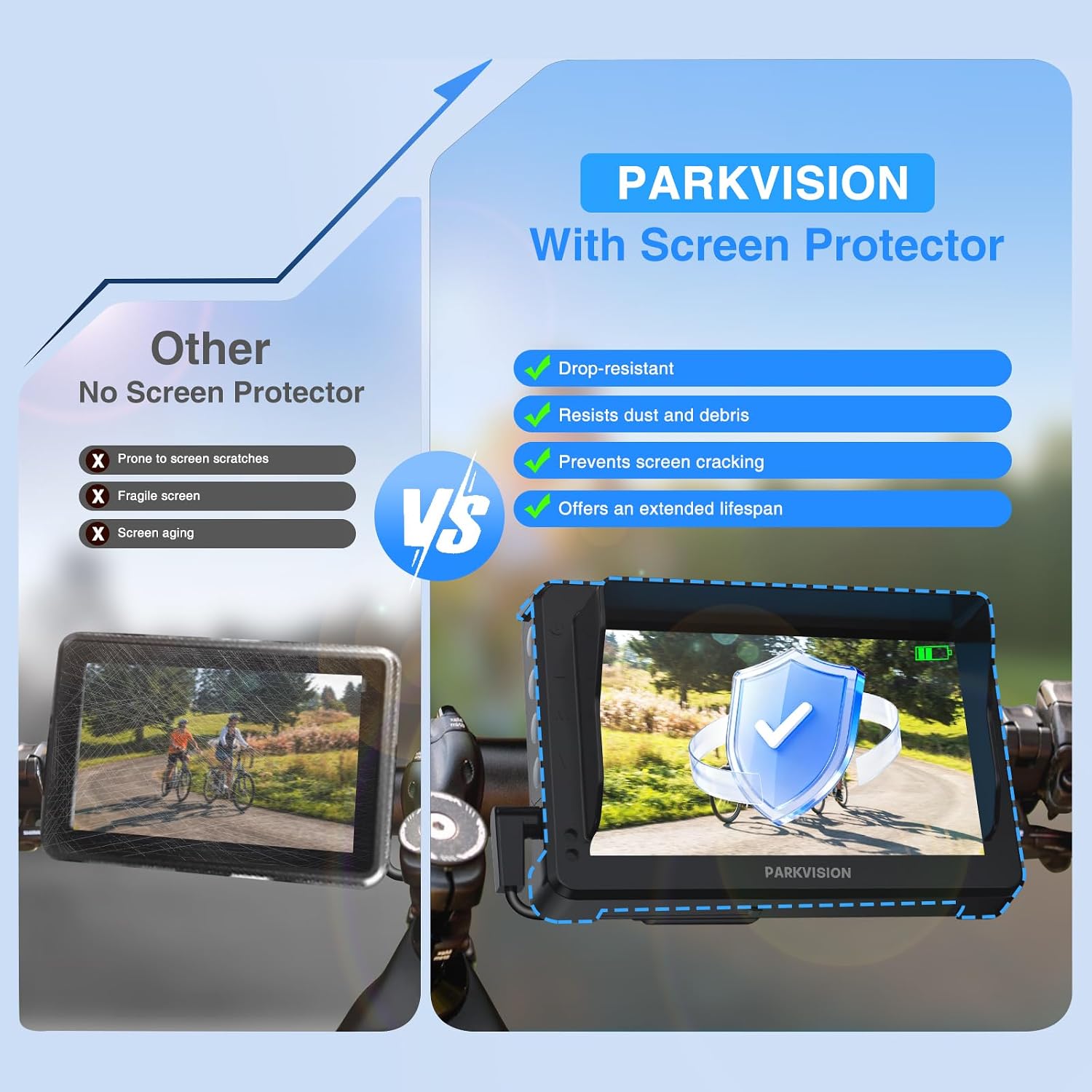 PARKVISION Handlebar Bike Mirror, Bicycle Rear View Zoom Camera with Dust Cover, 4.3'' HD 1080P Monitor, 120°/100°/80°/60° Wide Angle View, 10000mah Battery, Bike Camera for Mountain