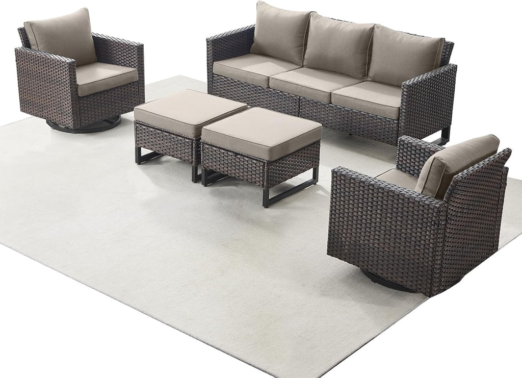 Rilyson Luxury Wicker Outdoor Patio Furniture Set of 5-5 Piece Patio Conversation Set with 2 Swivel Rocker Chairs,2 Rattan Ottoman and 1 Couch for Outside Porch Deck Backyard Garden(Brown/Beige)