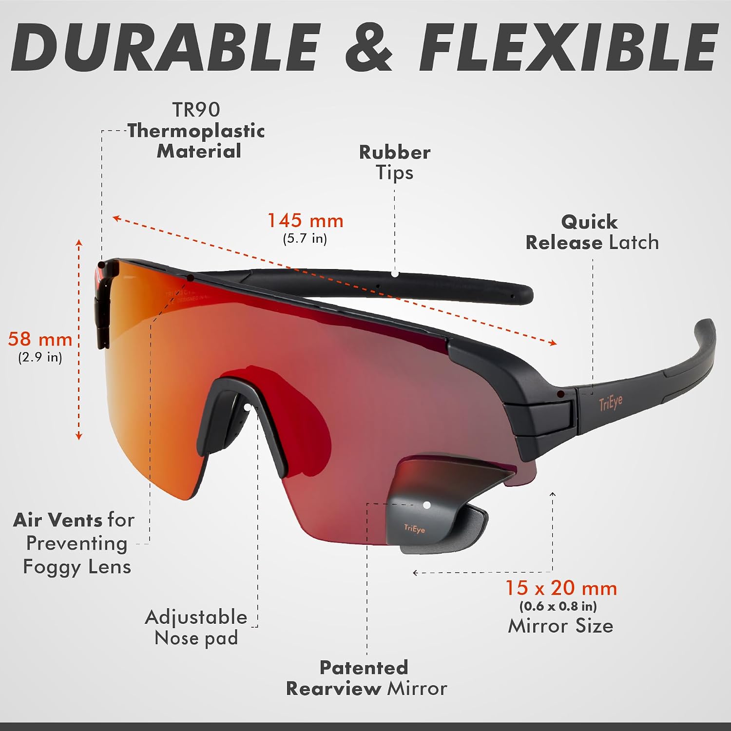 TriEye Cycling Glasses with Rear-view Mirror - Sports Sunglasses for Men & Women - UV-400 Protection