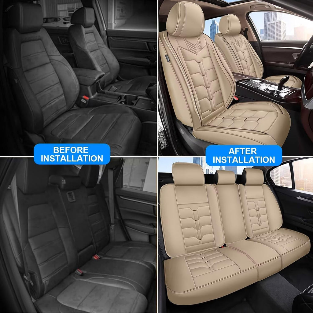IKABEVEM Seat Covers Fit for Nissan Pathfinder 2011-2024 2025 2026 Full Set Car Seat Cover Faux Leather Seat Cushion Waterproof Auto Protectors(Beige)-2 Rows 5 Seats