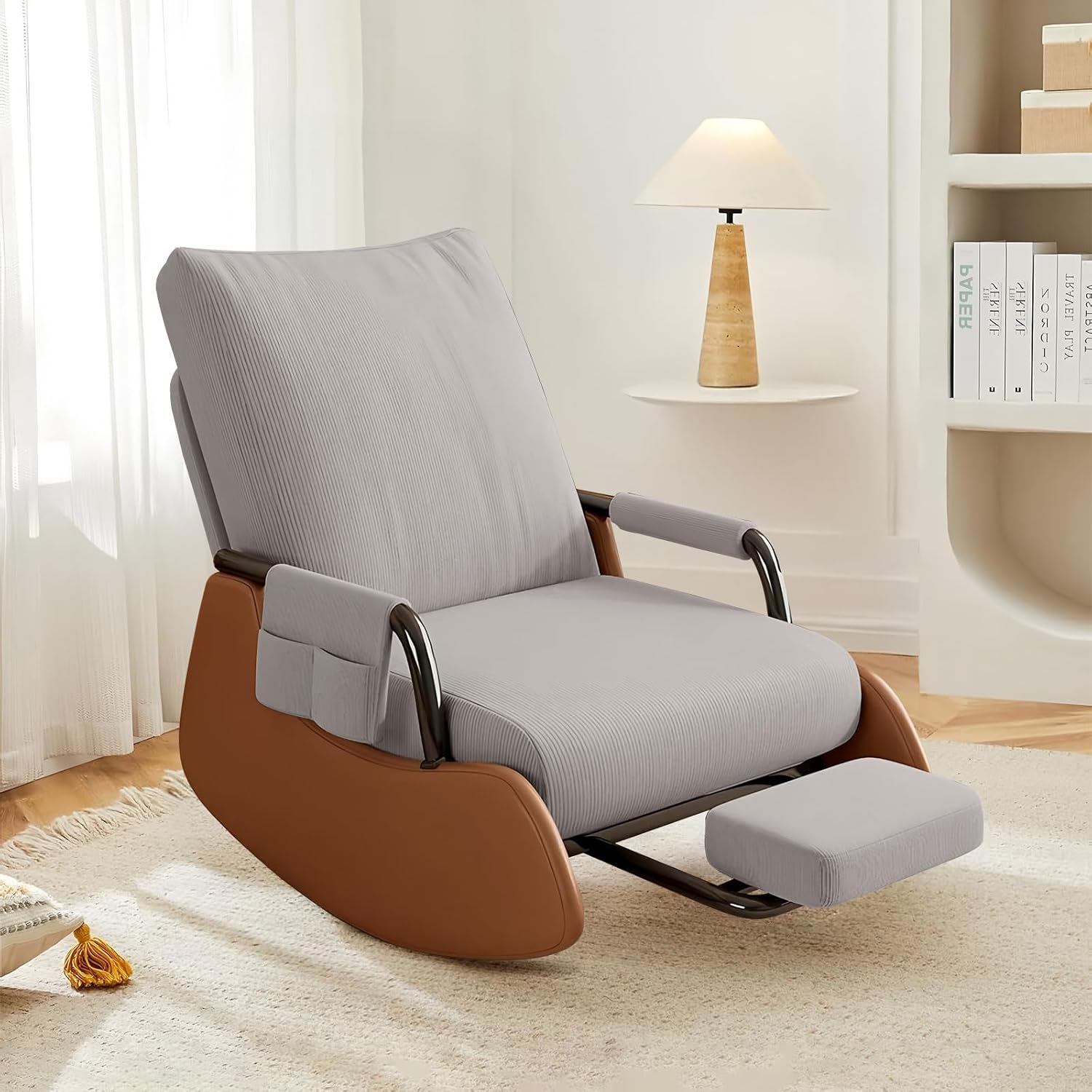 JPBSTO Rocking Chair Nursery, Upholstered Glider Rocking Chair with Side Pocket and Adjustable High Backrest, Foldable Rocker Recliner with Footrest Perfect for Living Room Bedroom, Grey