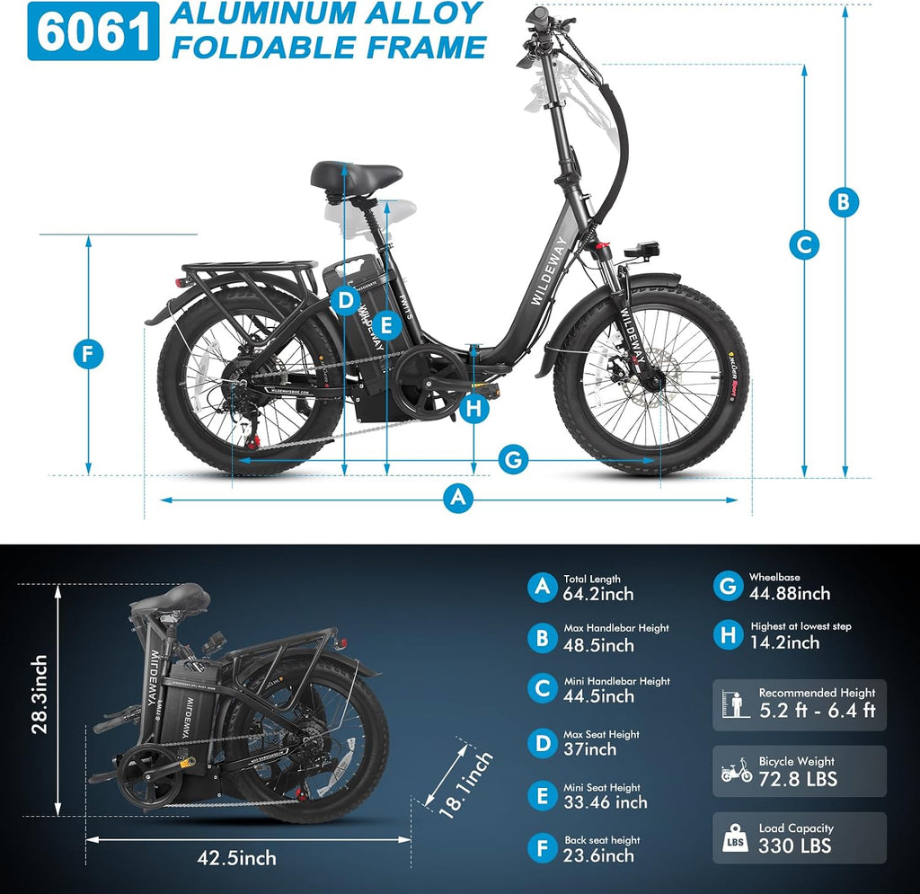 Wildeway Folding Electric Bike for Adults with 32Ah Battery Long Range 750W Motor 28MPH, 20'x 3.0'Fat Tire Foldable EBike, Urban City Commuter Men Women Bicycle 7 Speed Gear