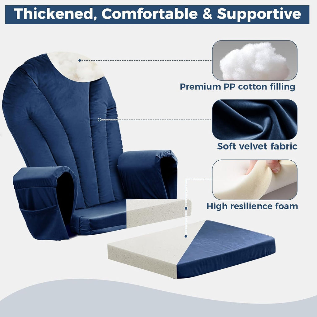 ANMINY 5pcs Glider Rocker Replacement Cushions Set - Thickened Velvet Glider Rocking Chair Cushions with 29 inch High Backrest & Side Pockets for Indoor Nursery, Washable & Non Slip, Blue