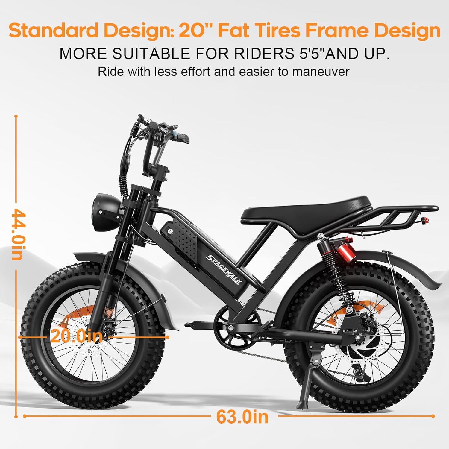 Spacewalk Electric Bike M7 for Adult,20' Fat Tires Ebike,Suitable for Riders 5'5'& Above,1500W Peak Motor,27.9mph,48V 15Ah Removable Battery,4X Suspension,50 Miles Pure Electric,70 Miles PAS