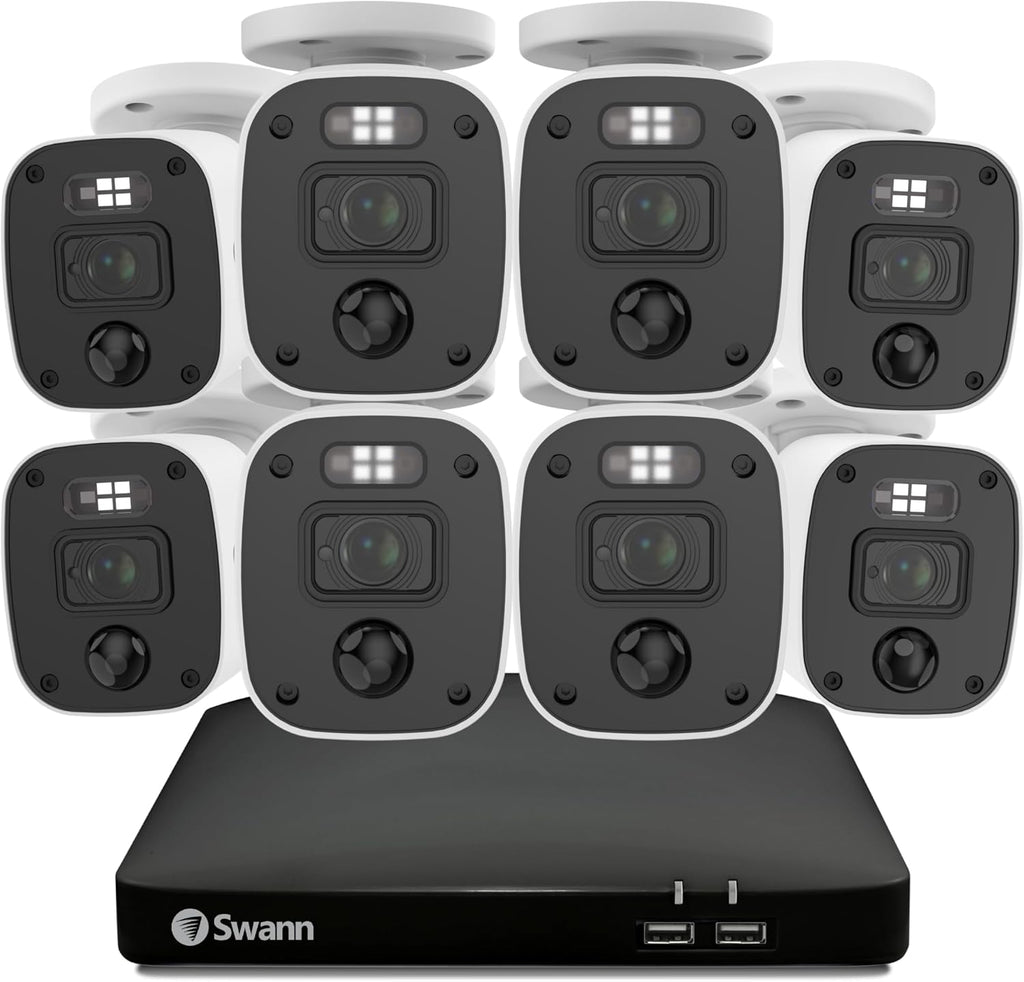 Swann Home Wired DVR 4K Security Camera System, 8 Channels, 8 Bullet Cameras Outdoor, 1TB HDD Storage, Color Night Vision, Bright Spotlights, Smart AI Alerts, Advanced Motion Detection, 24/7 Recording