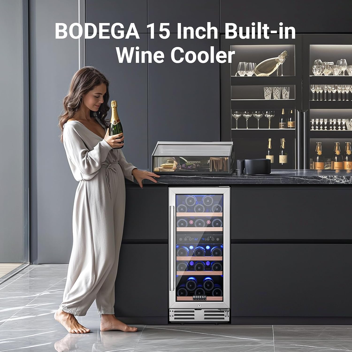 BODEGA 15' Wine Cooler, 30 Bottle Dual Zone Wine Fridge With Double-Layer Glass Door, Freestanding or Built-In Wine Fridge with Blue LED Light & Stainless Steel Handle, for Home, Kitchen,Bar, Black.