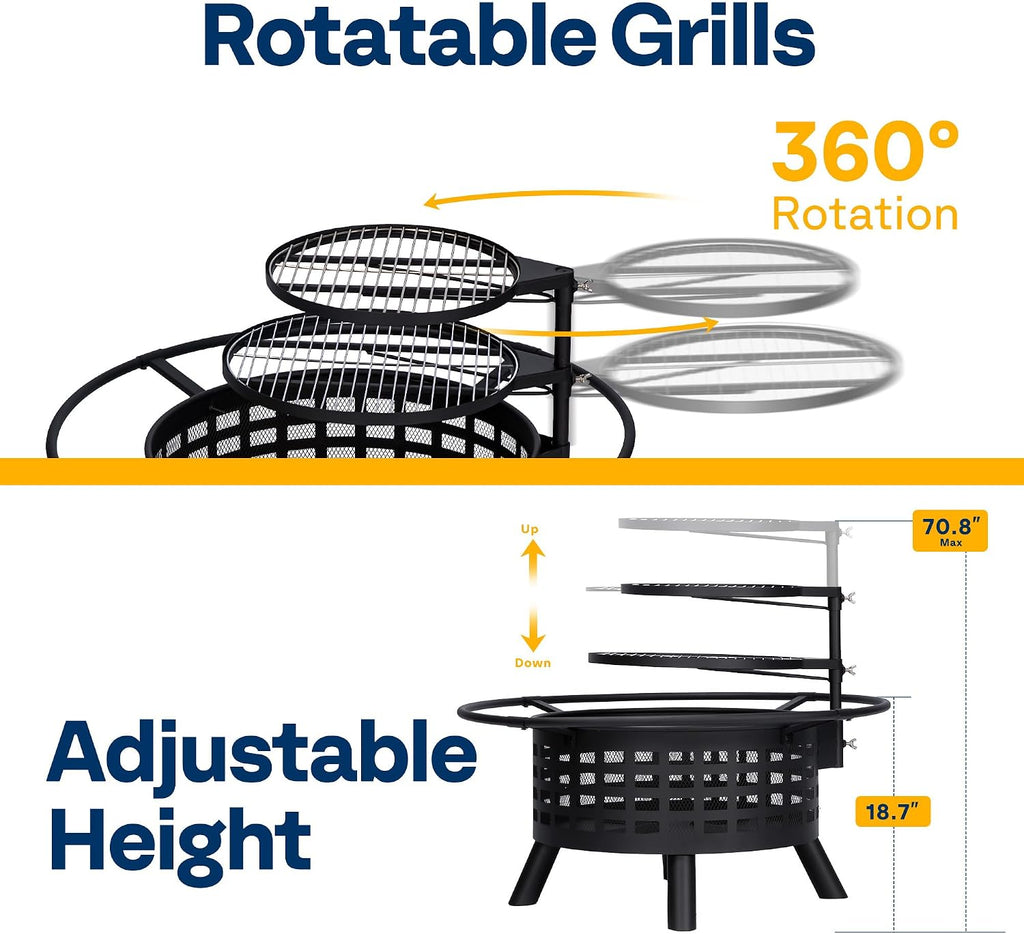 VIVOHOME 36-Inch Fire Pit with 2 Cooking Grill Grates, 2-in-1 Wood Burning Firepits with Spark Scrren & Waterproof Cover, Metal Grill for Backyard Bonfire BBQ Outdoor Camping Picnic