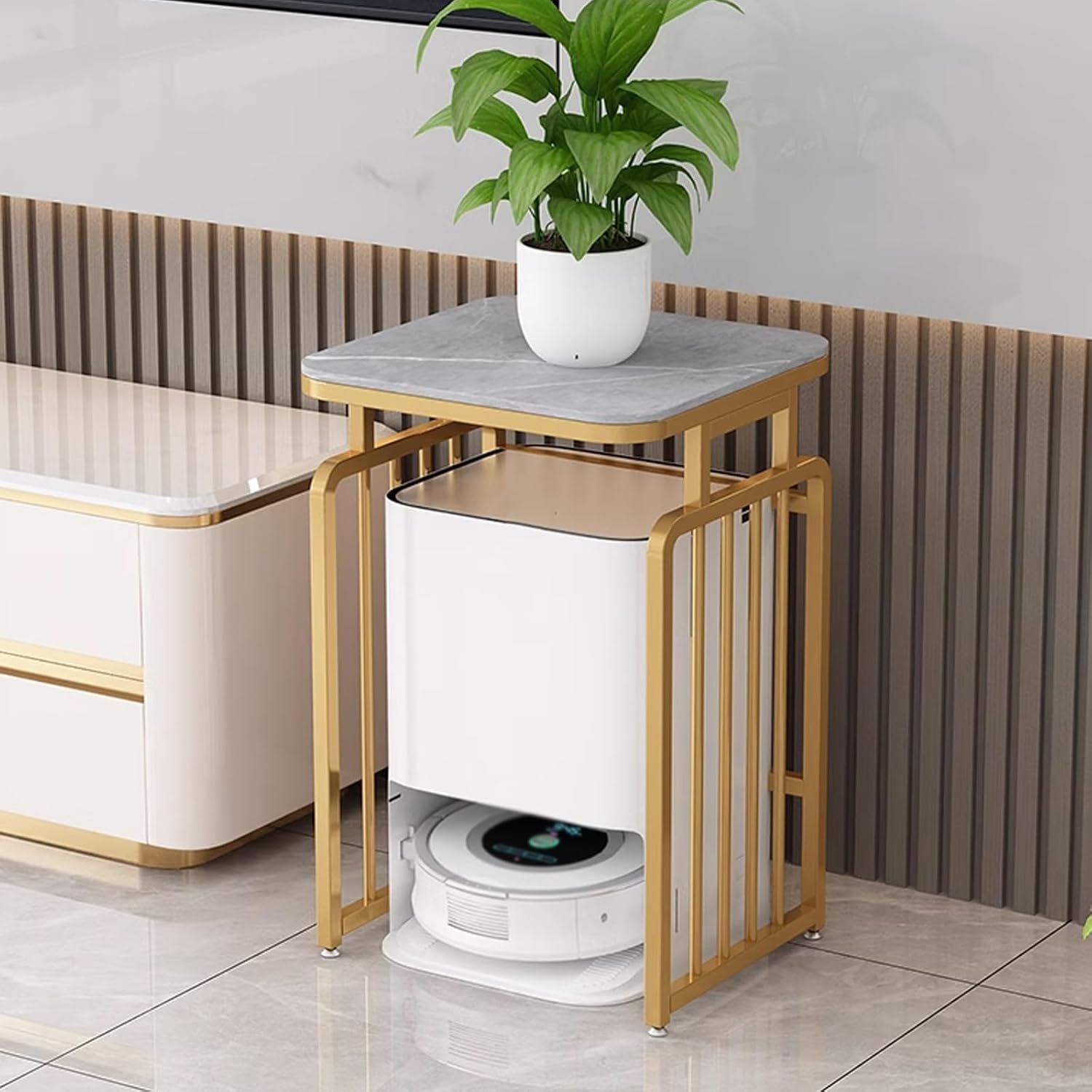 Metal Side Table with Storage, Robot Vacuum and Mop Self Emptying Small Storage Cabinet, Multi-Functional Fish Tank Stand, End Table for Robot Vacuum's Nest House(Gold,60 * 40 * 65cm)