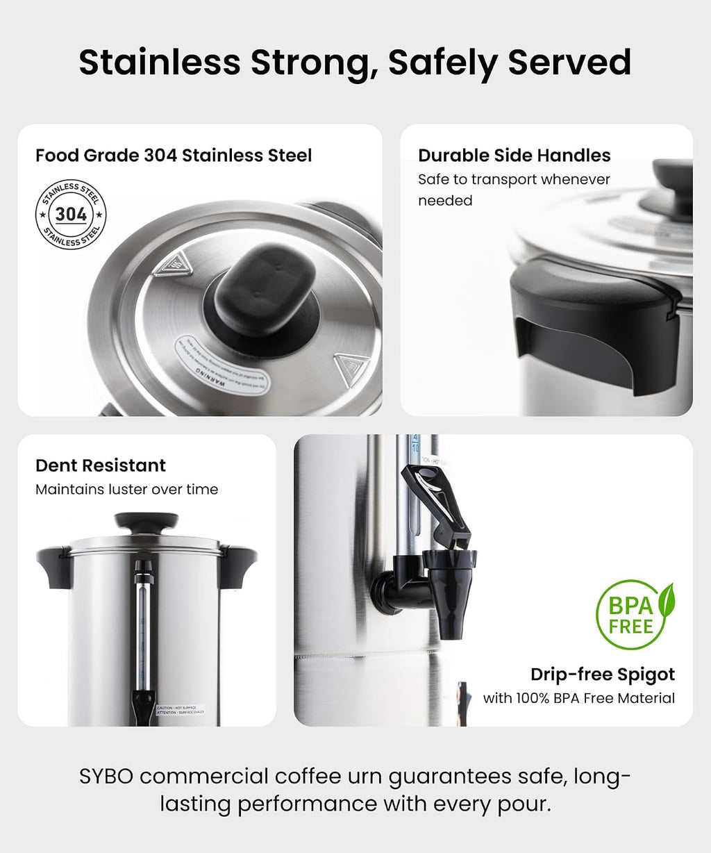 SYBO SR-CP Commercial Grade Stainless Steel Percolate Coffee Maker Hot Water Urn for Catering, 120-Cup 18 L, Metallic