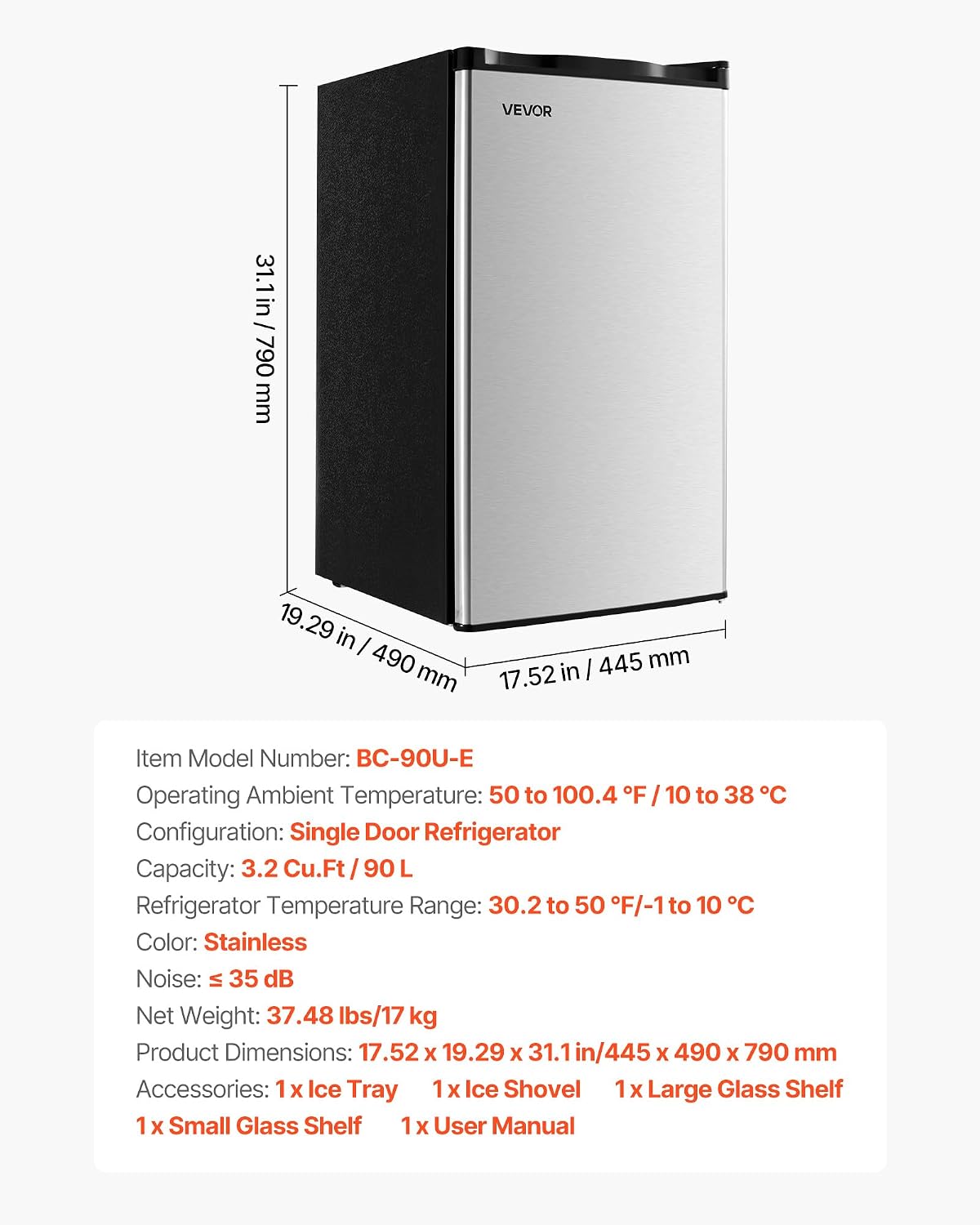 VEVOR 3.2 Cu.Ft Mini Fridge with Freezer, Single Door Compact Refrigerator with Micron Freezer Zone, 7-Mode Adjustable Temp, Energy Efficient Dorm Fridge, Reversible Door, Low Noise, Brushed Steel