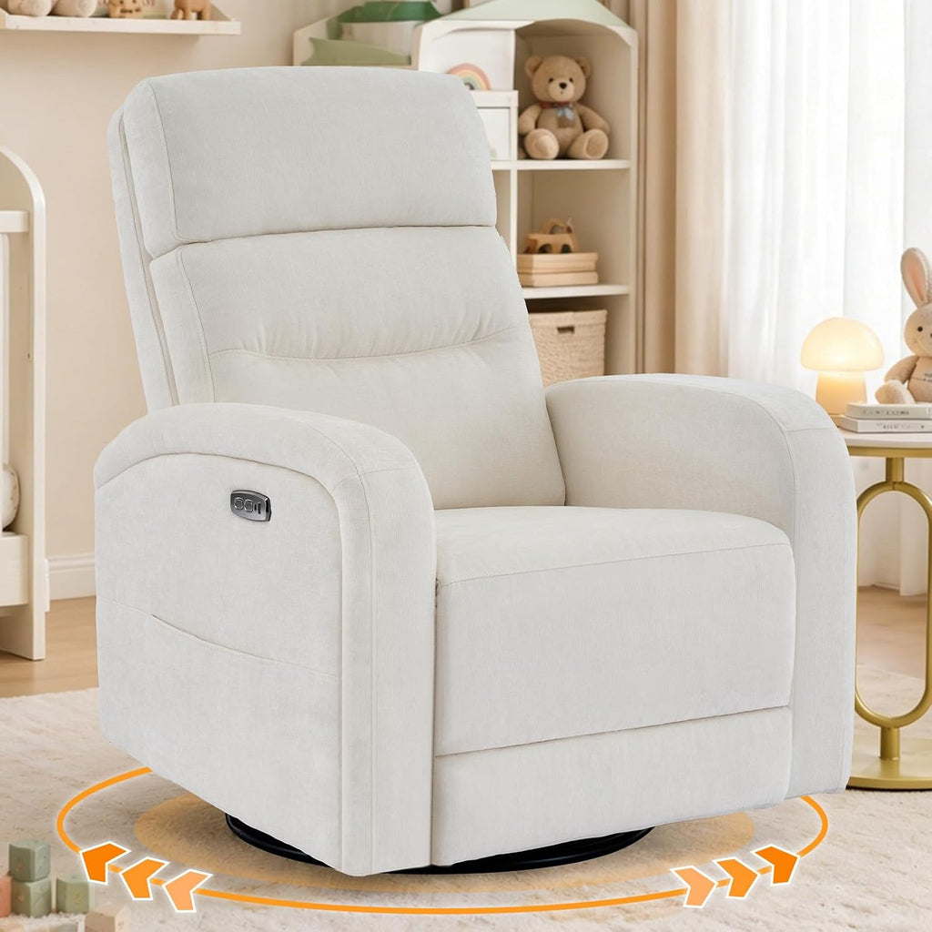 Power Swivel Rocker Recliner Chair for Nursery, Electric Rocking Reclining Chair, Upholstered Glider Nursery Recliner for Living Room, Bedroom, Chenille White