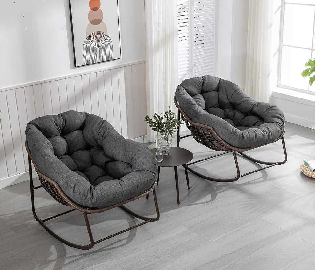 Outdoor Rocking Chair Set of 2, Patio Oversized Wicker Egg Rocking Chair, Indoor & Outdoor Comfy Rocker Chair with Thick Cushion, Modern Lounge Chair for Balcony, Porch, Garden, Backyard, Deck, Grey