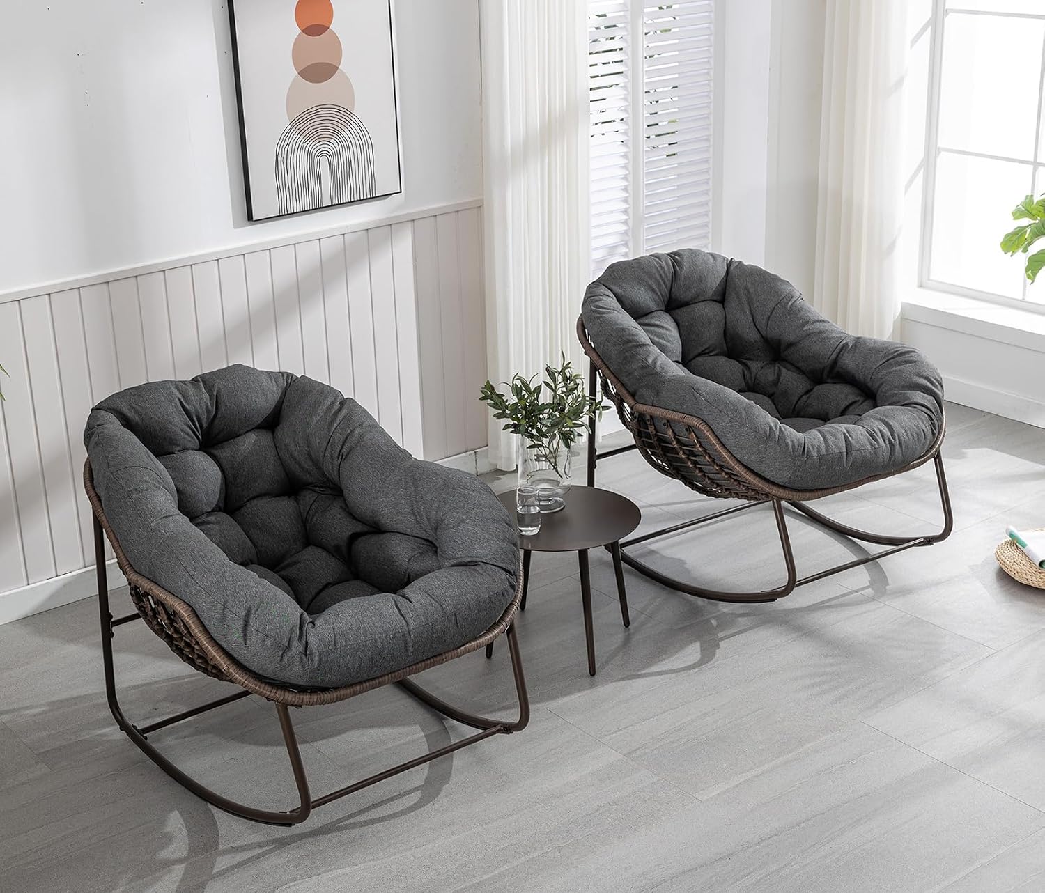Outdoor Rocking Chair Set of 2, Patio Oversized Wicker Egg Rocking Chair, Indoor & Outdoor Comfy Rocker Chair with Thick Cushion, Modern Lounge Chair for Balcony, Porch, Garden, Backyard, Deck, Grey