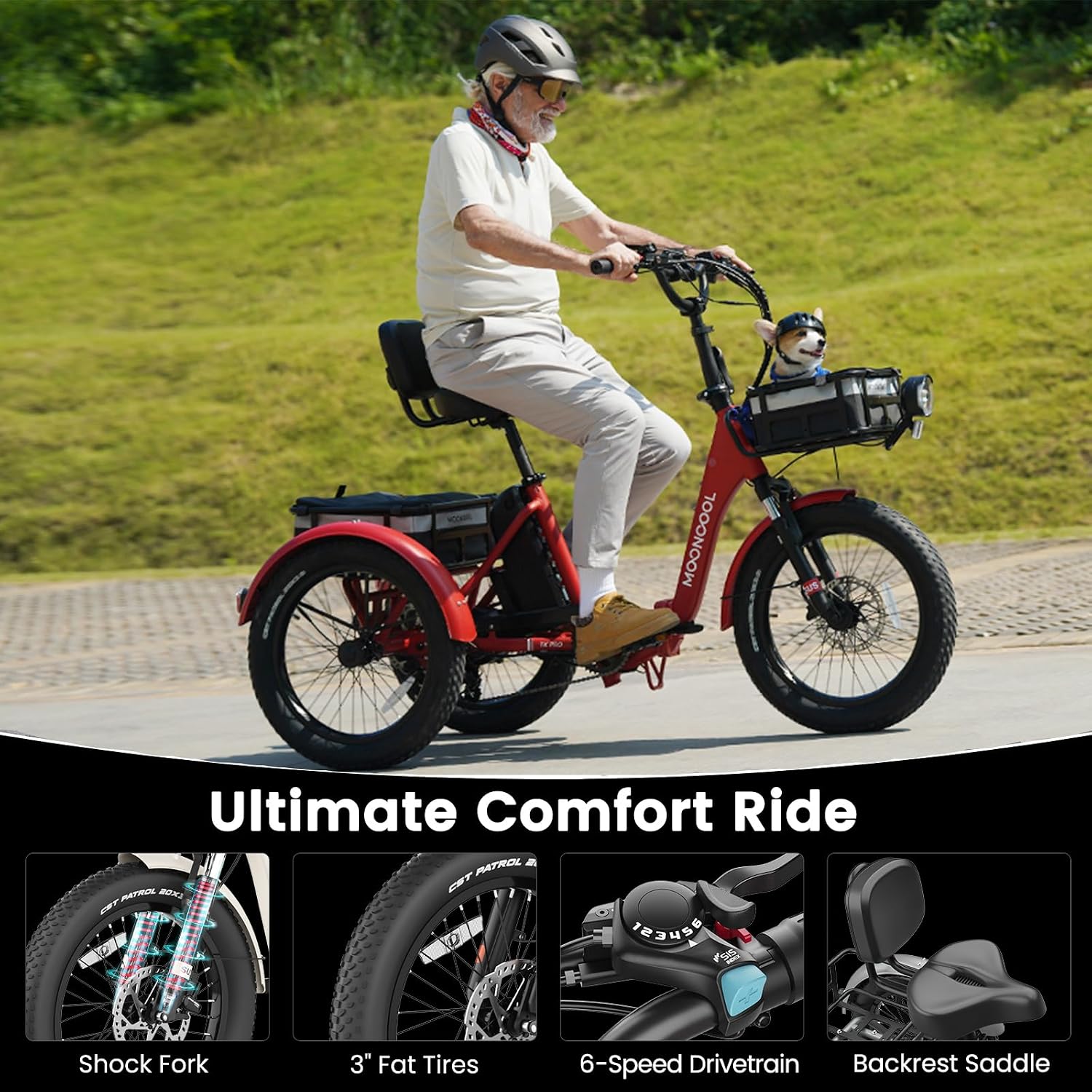 MOONCOOL Electric Trike for Adults, 500W/750W 48V Electric Tricycle for Adults, 20'x3.0' Fat Tire 3 Wheel Electric Bike, Folding Aluminum Adult Tricycle with Removable Battery